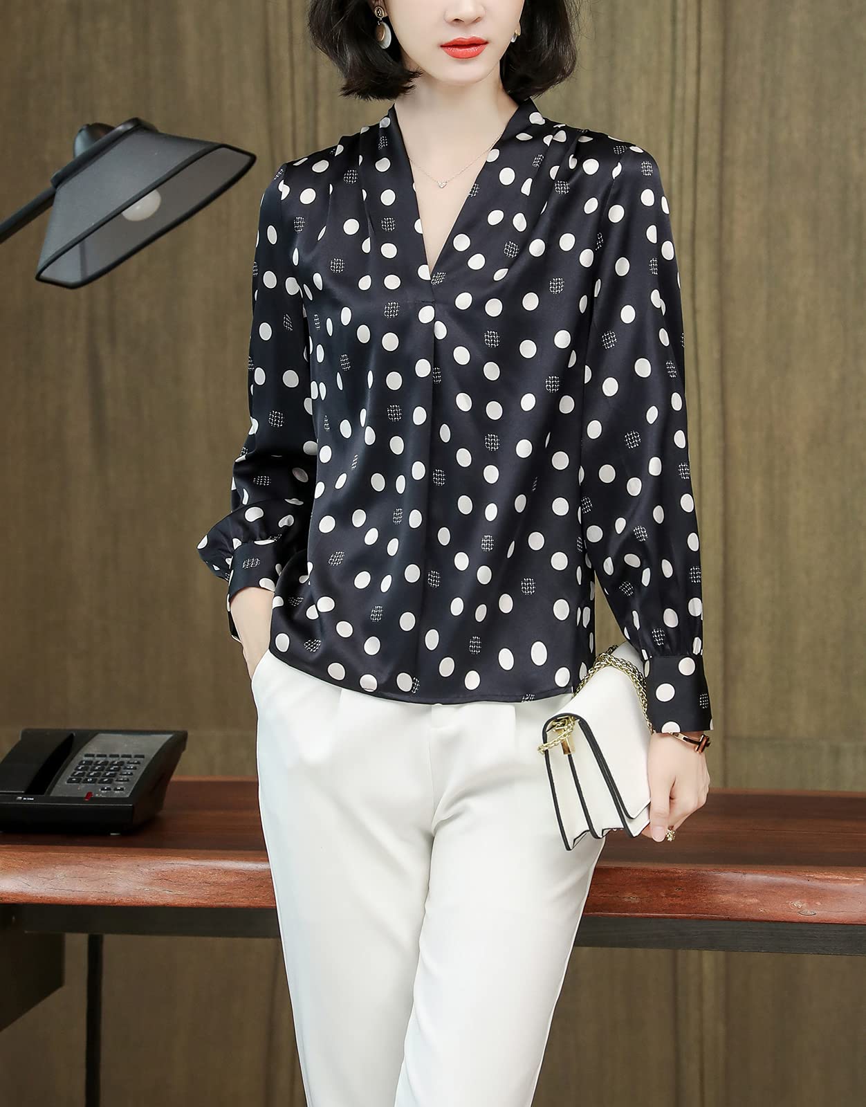 E-girl Blusa de seda para mujer con estampado de puente, blusa de manga larga con cuello en V, blusa de seda, S3517