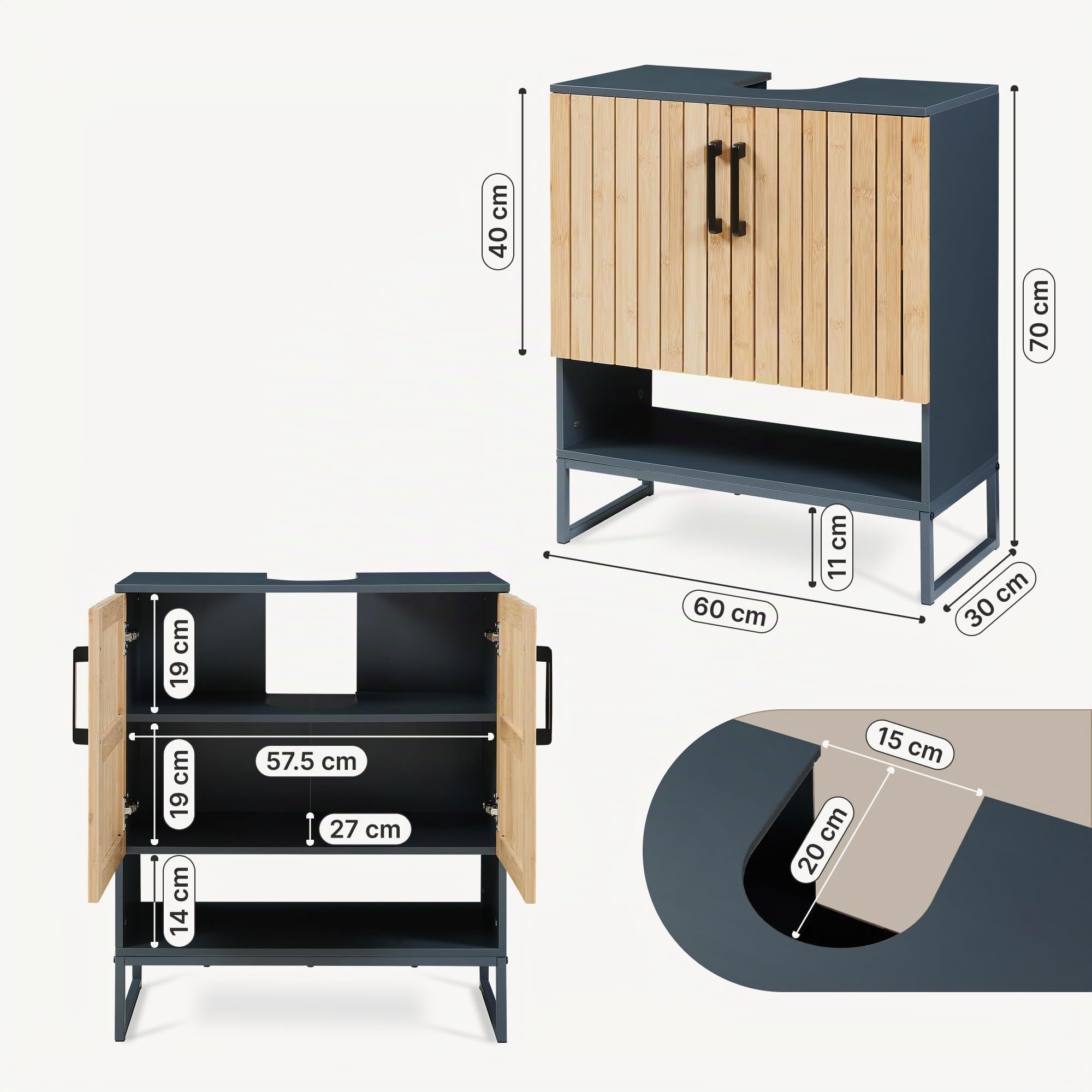 [en.casa] Meuble sous Lavabo Svanes avec 2 Portes à Lattes 2 Compartiments Intérieurs Étagère Inférieure Meuble sous Vasque Salle de Bain WC Bambou 70 x 60 x 30 cm Gris Foncé Naturel