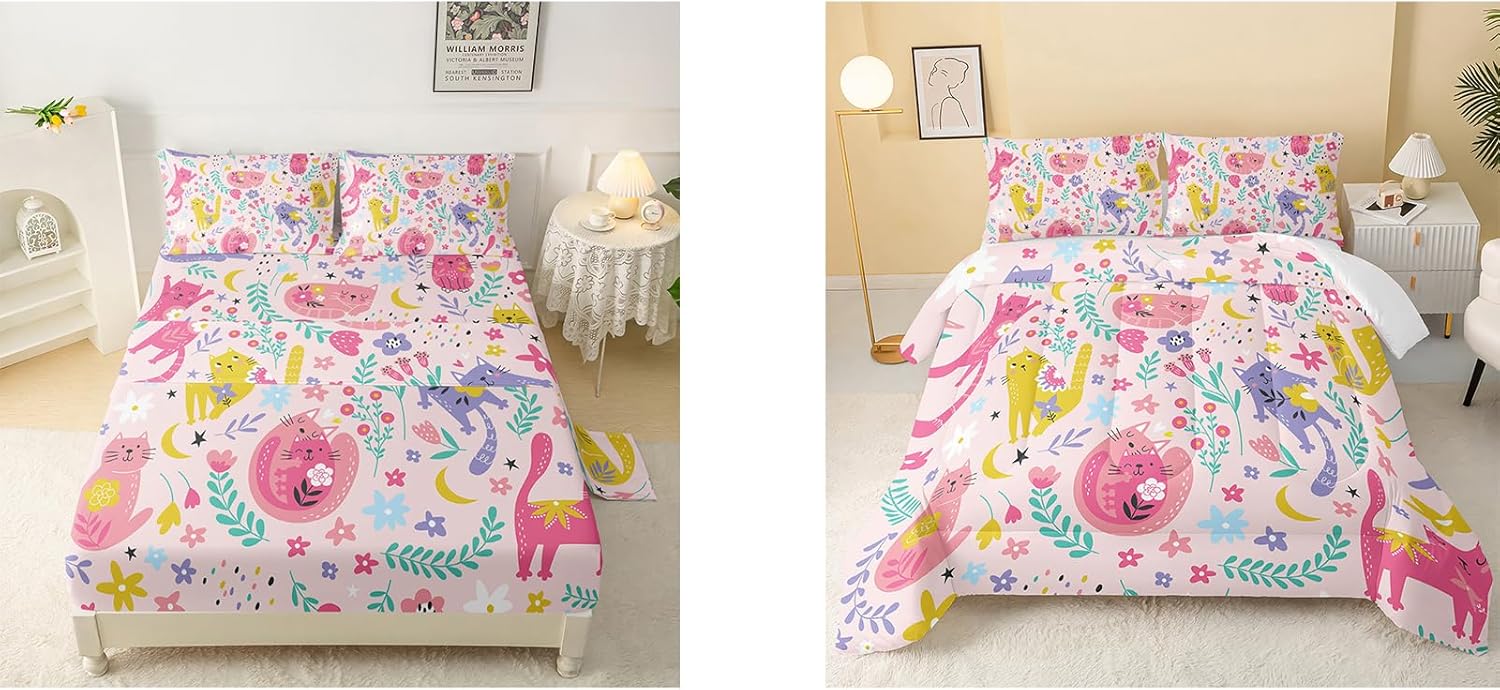 QOOMO Floral Cats Print Sheet Set and Comforter Set Twin