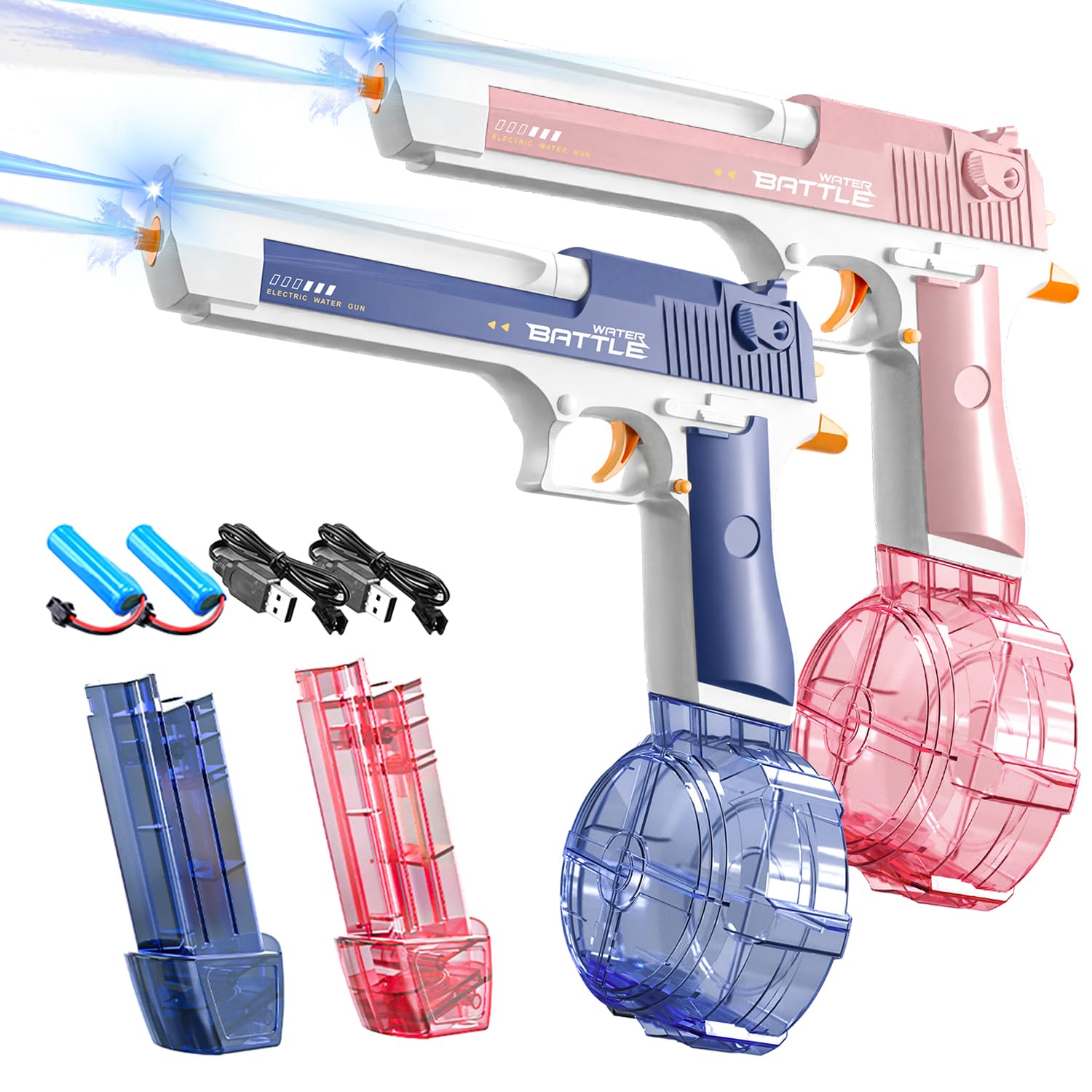 Wasserpistole Elektrisch 2 Pack, Wiederaufladbare Wasserpistolen mit LED, Kapazität 434+58ml Elektrische Wasserpistole, 8-10M Reichweite, Sommer Spielzeug für Kinder und Erwachsene, Schwimmbad, Strand