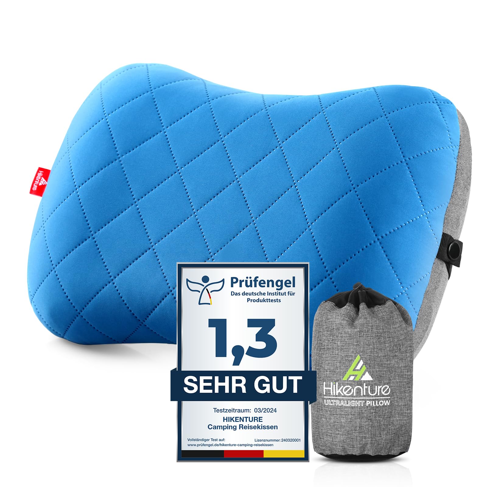 HIKENTURE nadmuchiwana poduszka kempingowa/podróżna ze zdejmowaną poszewką na poduszkę, ergonomiczna poduszka pod głowę, wygodna poduszka na kark do podróży / na zewnątrz (niebieska), rozmiar uniwersalny