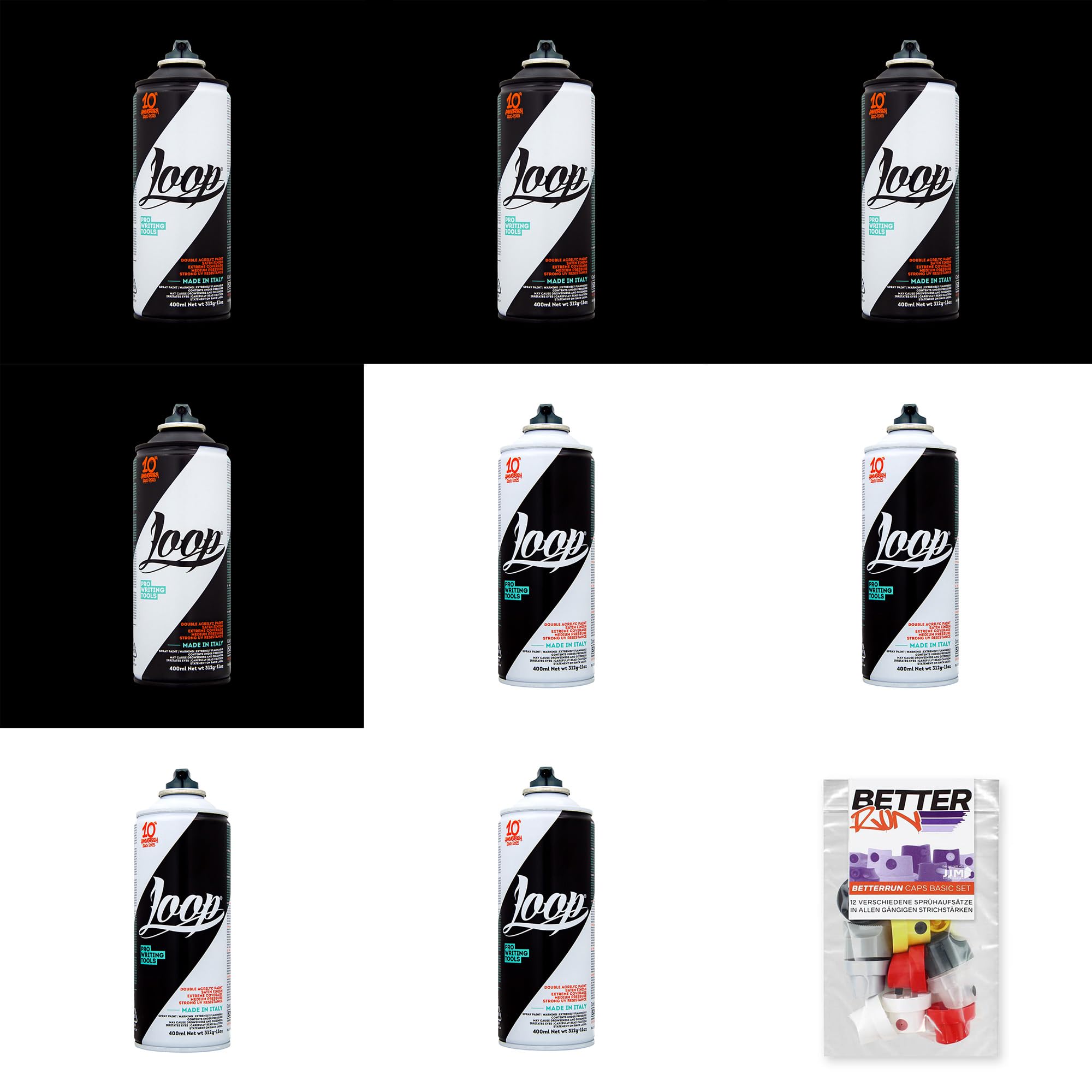 Betterrun LOOP Sprühdosen Set Schwarz Weiß - 8 x 400ml Acryllack + 10x Sprühaufsätze - Graffiti Spray Cans