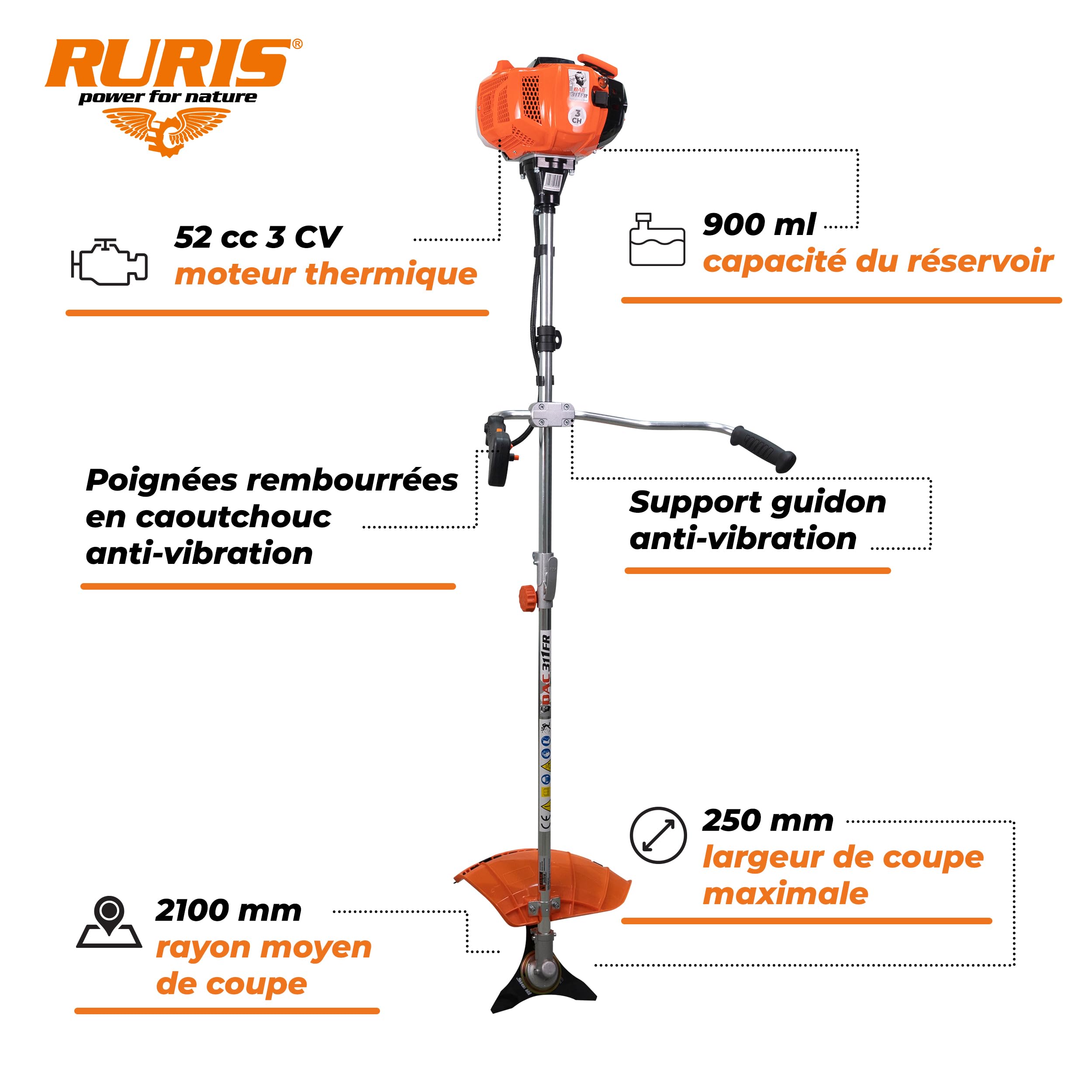 RURIS Termiczna kosiarka spalinowa DAC 311fr TEZ 52 cm³, 3 KM, 2-suwowa, szerokość 250 mm, zestaw w zestawie z uprzężą, 2 x tarczą, głowicą i drutem tnącym - do ogrodu i krawędzi