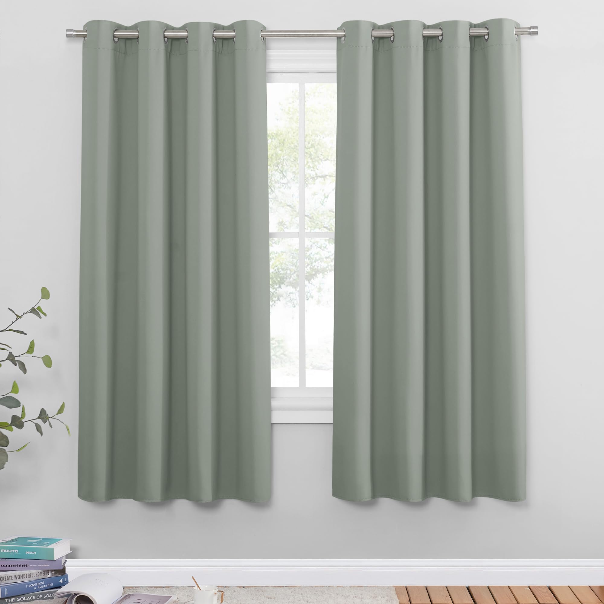 PONY DANCE Tende Termiche per Salotto Tenda Cameretta Bambini Oscuranti per Interni Curtains Verde Salvia con Anelli Soggiorno Moderne 2 Pezzi L 140 x A 175 cm