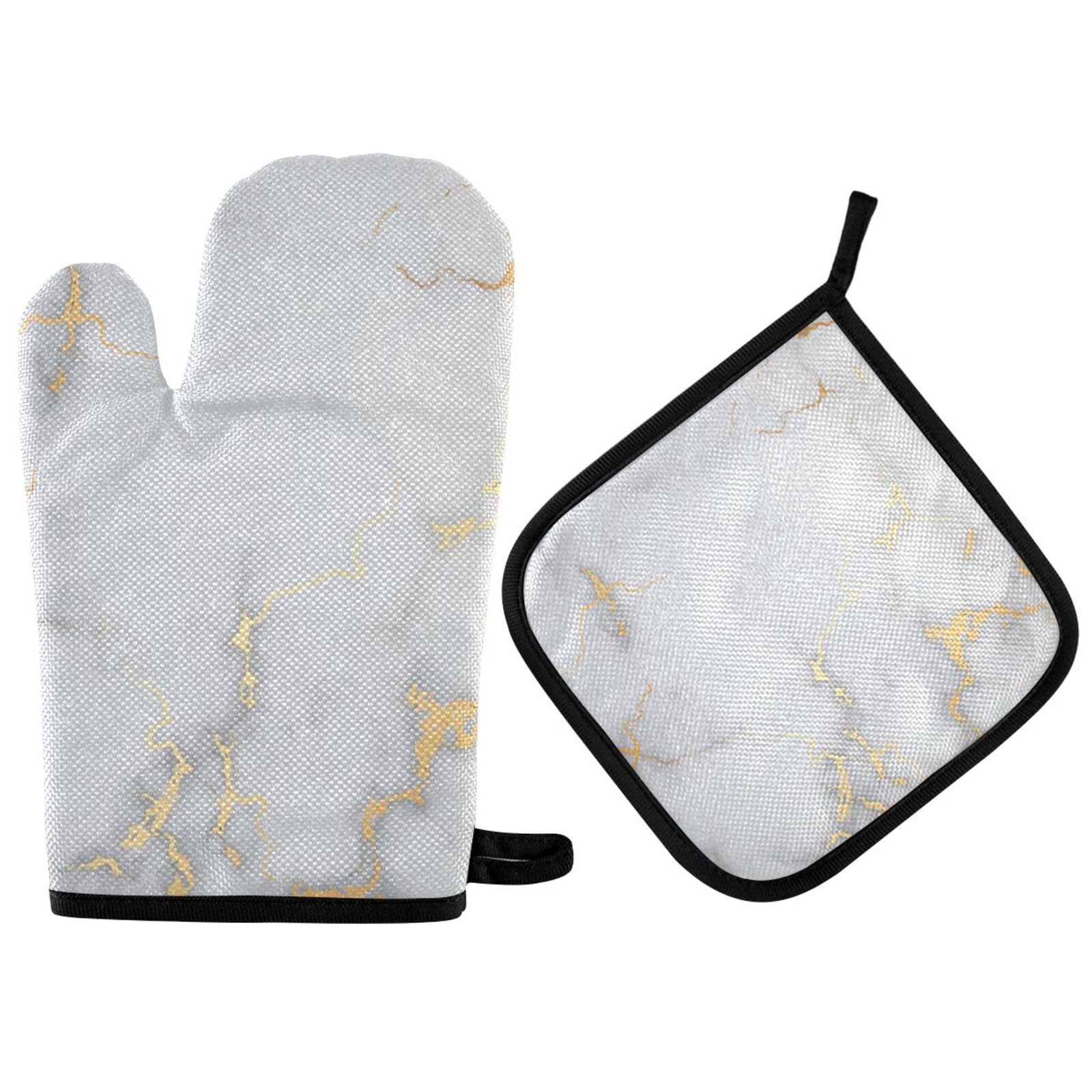 Oven Mitts and Potholder Set Gray Marble Golden Texture Oven Mitts Heat Resistant Kitchen Counter Safe Mats Oven Gloves Non-Slip Grip for Microwave BBQ Cooking Baking Grilling