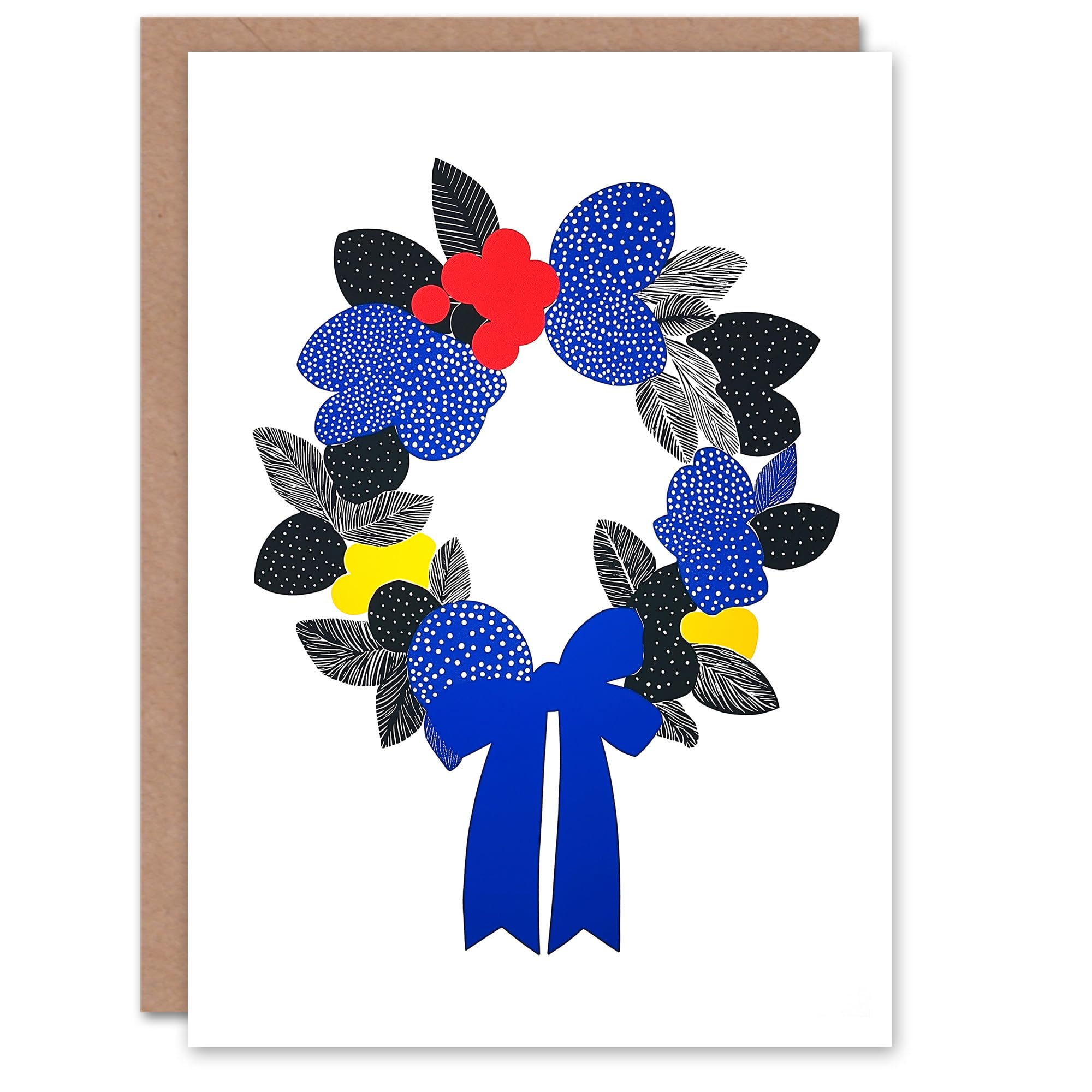 Wee Blue Coo Bright Polka Dot Line Wreath Bow Leaves Fun Xmas Art Blank For All Christmas Card