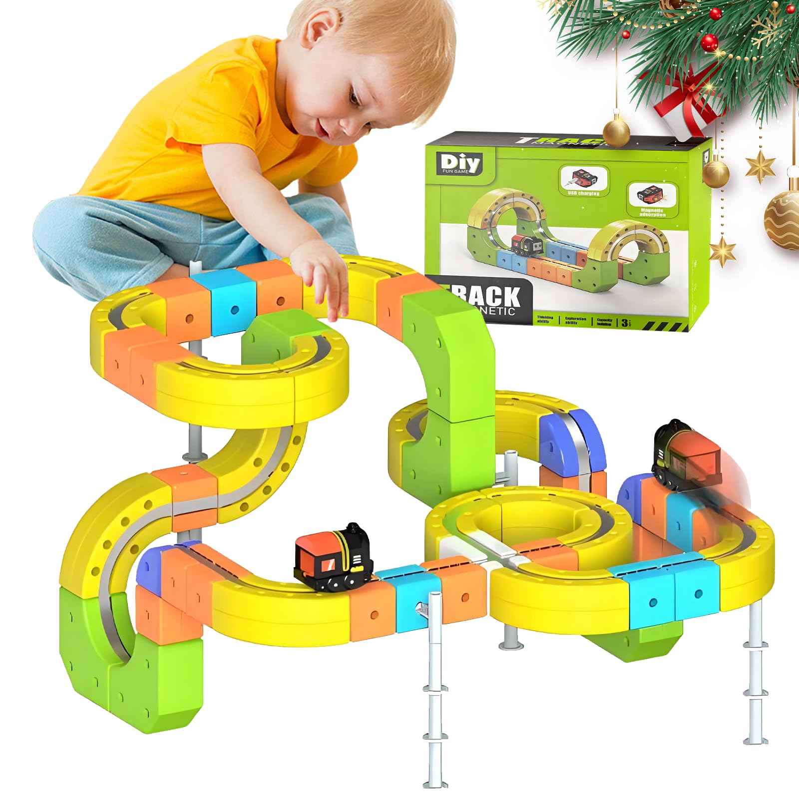 OMUIETIO Electric Train Set for Kids Ages 3-12, Magnetic Train Track with Motorized Train Toy, 3D DIY Track Building Blocks & STEM Learning Kit, Creative Birthday Gift for Boys and Girls (167PCS)