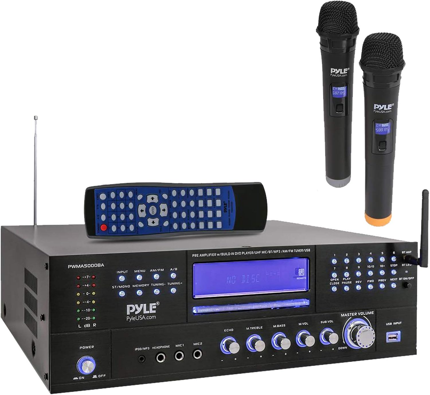 Pyle 3000W Bluetooth USB Home Theater Preamp AM/FM Stereo Receiver System with 2 Wireless Mics - Bundle Combo with 4x 3.5" 300W Indoor/Outdoor Black Waterproof Speakers, 16 Gauge 50 Feet Speaker Wire