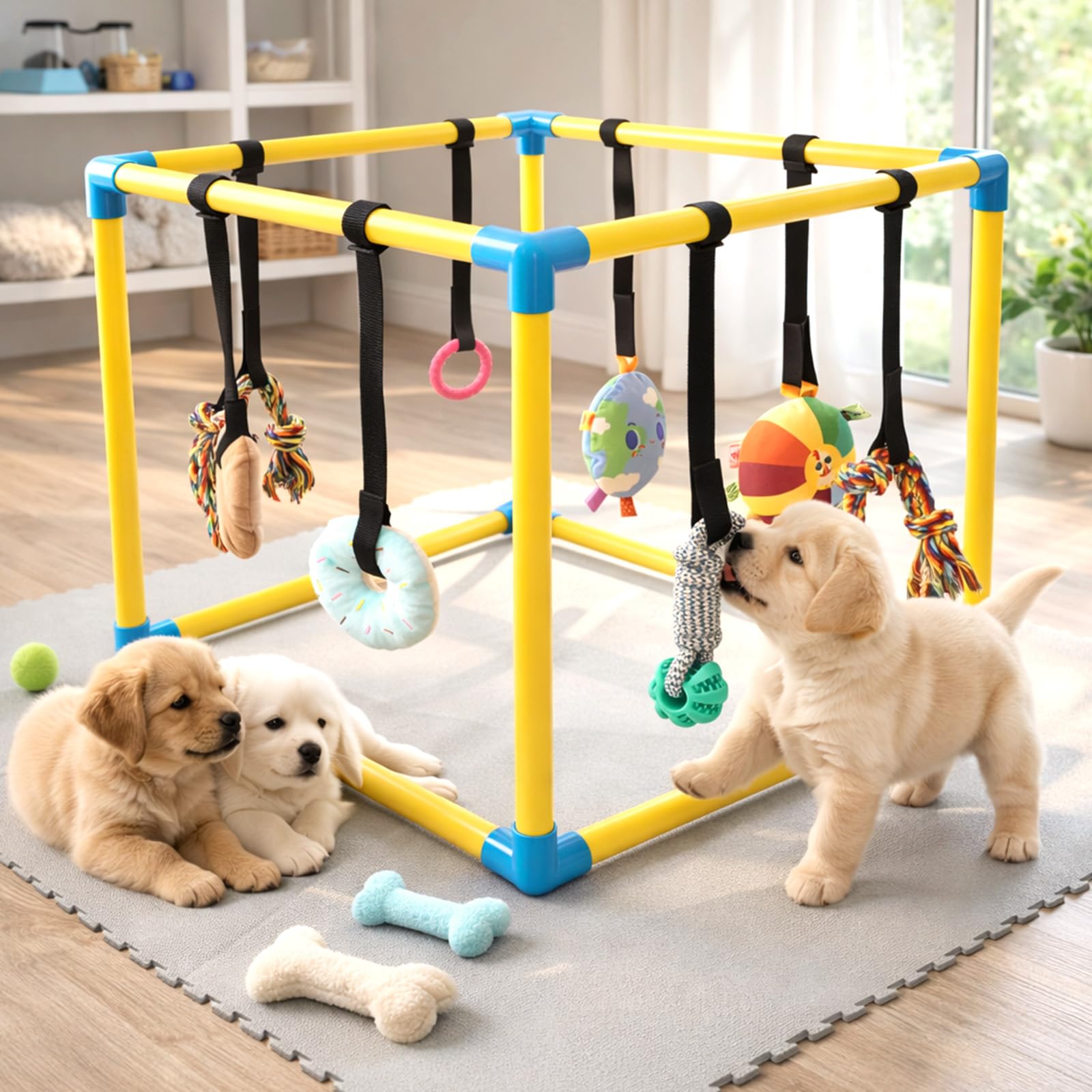 Penitue Palestra da gioco per cuccioli per cani di piccola taglia, 50 cm, in PVC, centro di attività per arricchire la struttura con 8 giocattoli interattivi da appendere per stimolazione mentale ed
