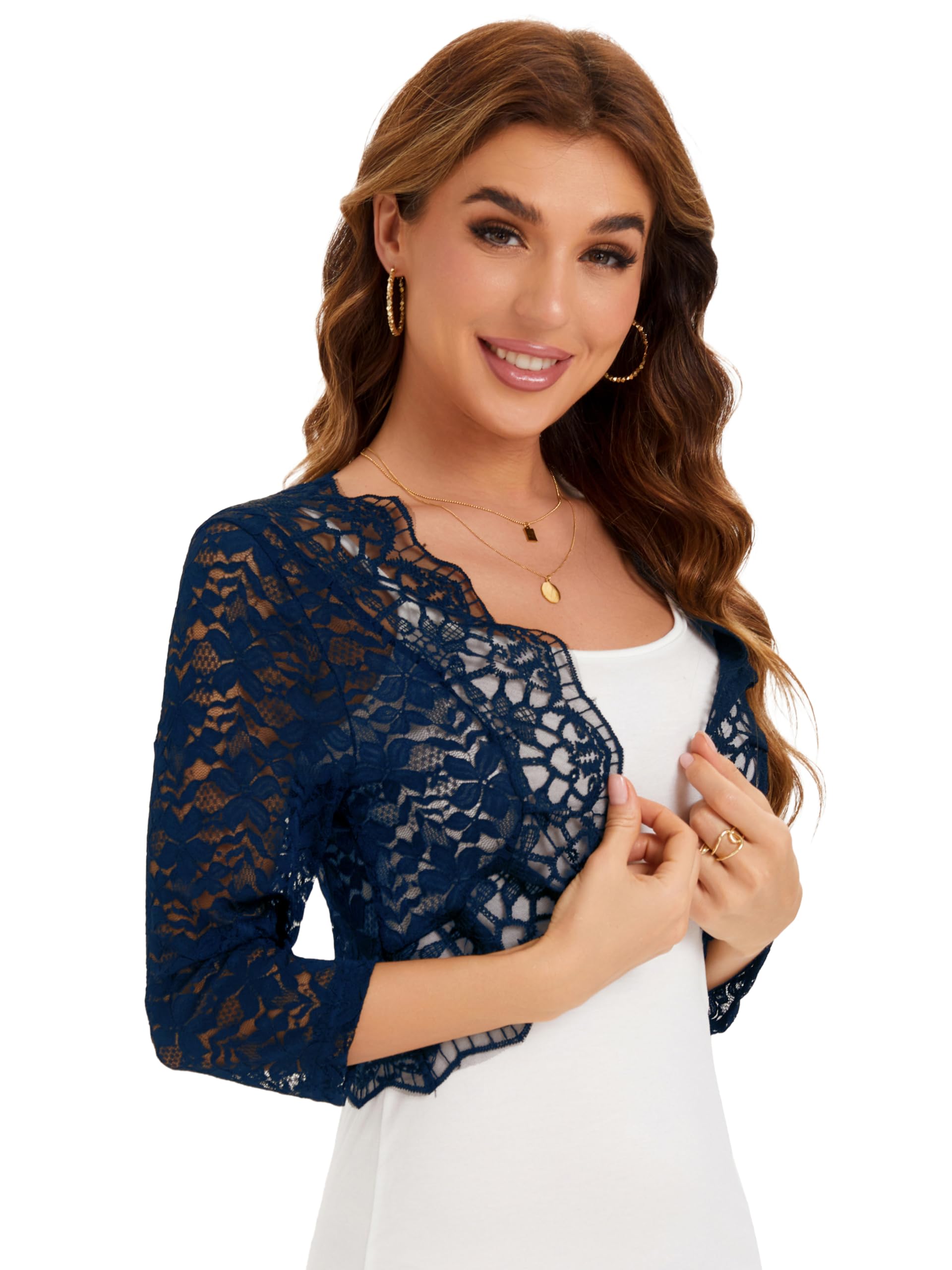 BENANCY Women's Elegant 3/4 Sleeve Sheer Floral Lace Shrug Cardigan