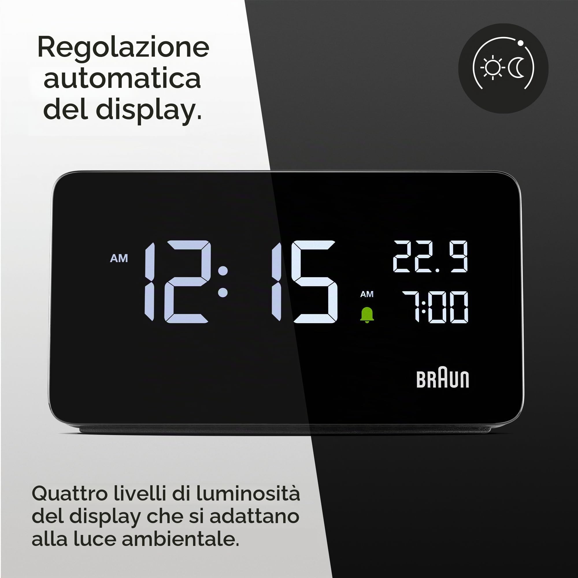 Braun Sveglia digitale display LCD, 2 porte USB-C per caricare altri dispositivi, visualizzazione di ora e data, Touch Snooze, impostazione rapida, in nero, modello BC20B.