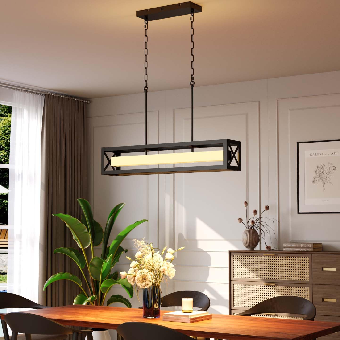 31 5 Farmhouse Kitchen Island Lighting Black Rectangular Chandeliers for Dining Room Light Fixture 30W LED Dimmable Linear