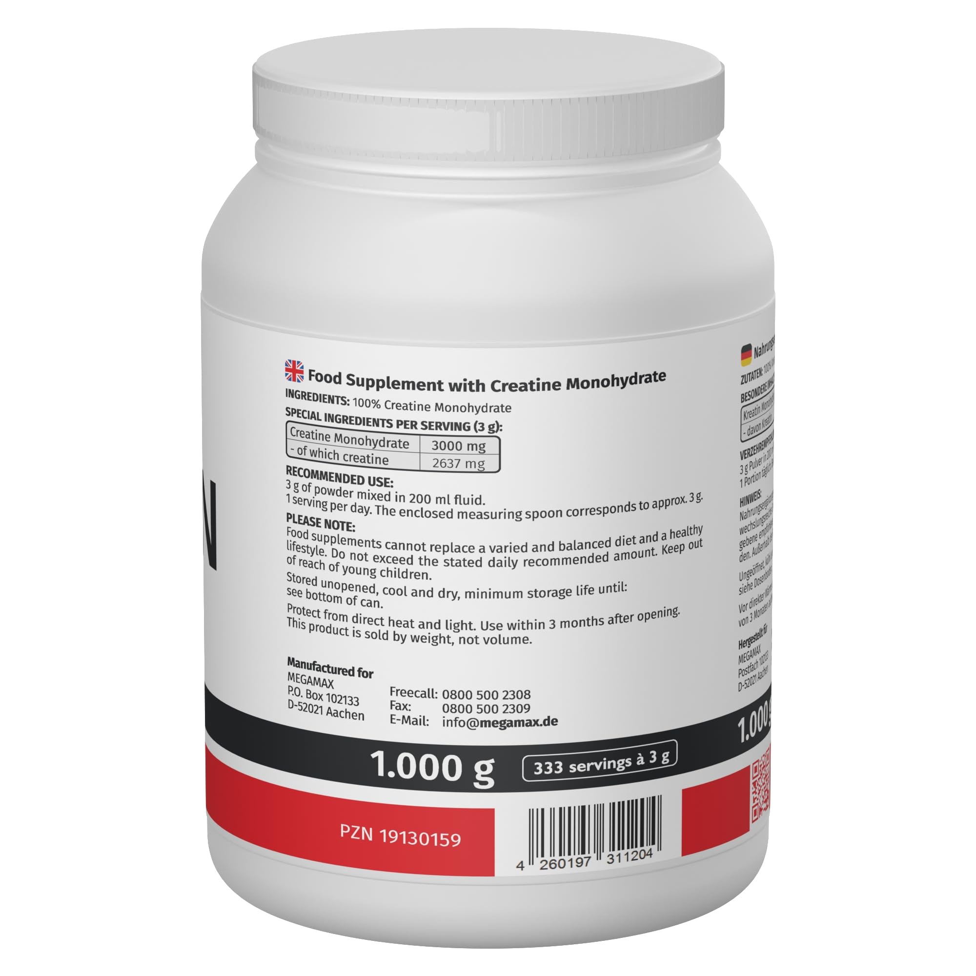 MEGAMAX Kreatin Pulver 1000 g -hochdosiert reines Creatin Monohydrat Creapure (Creapure, 1000 g)