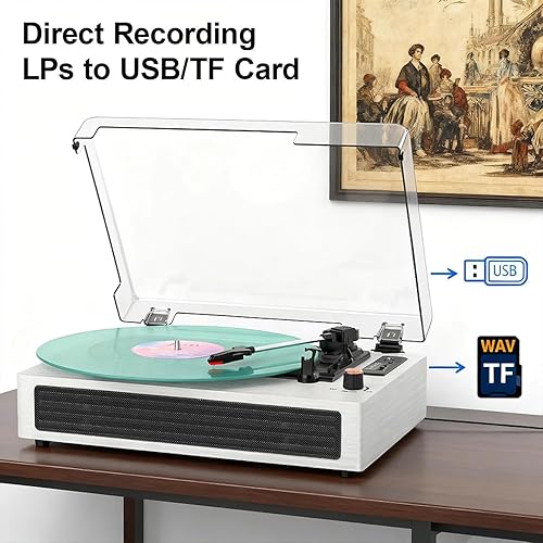 Miniatura 5 de Tocadiscos de vinilo Bluetooth, reproductor de vinilo retro de 3 velocidades con altavoces integrados, entrada AUX, parada automática, grabación