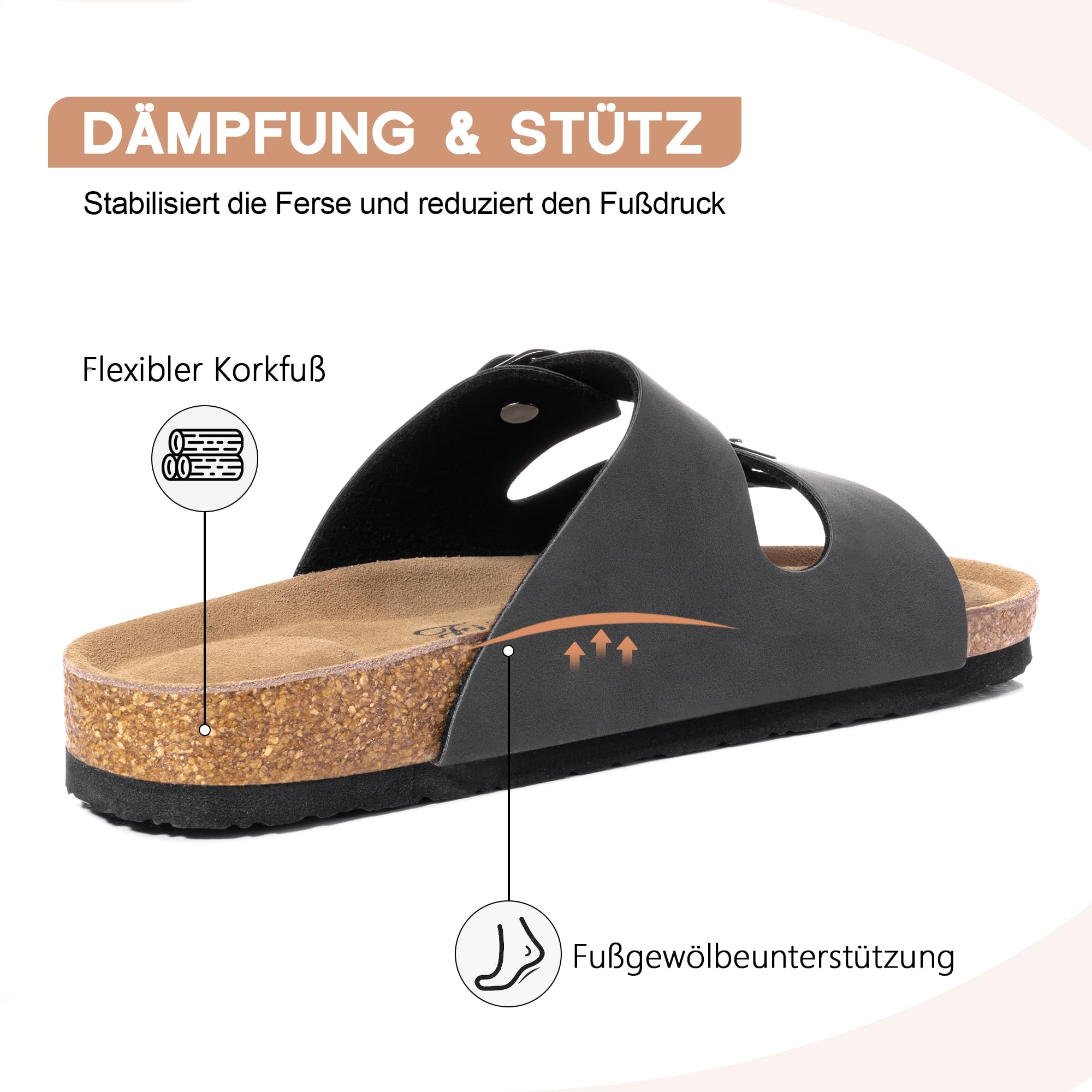FITORY Donna Sandali Bassi con Plantare in Sughero, Punta Aperta Regolabile Slip-On per Estate Nero Taglie 38