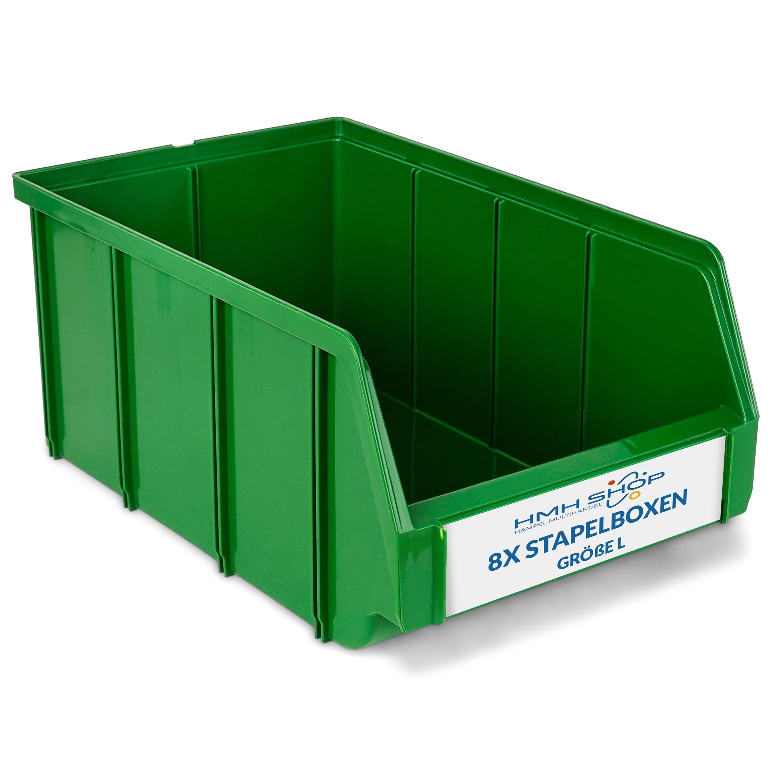 HMH Stapelboxen der Größe L 335x209x152mm für dein Kleinteilelager, Sortierkisten in 5 Farben, Zubehör wie Deckel Trennsteg Beschriftungsfach Wandschiene (Grün, 8 Stück)