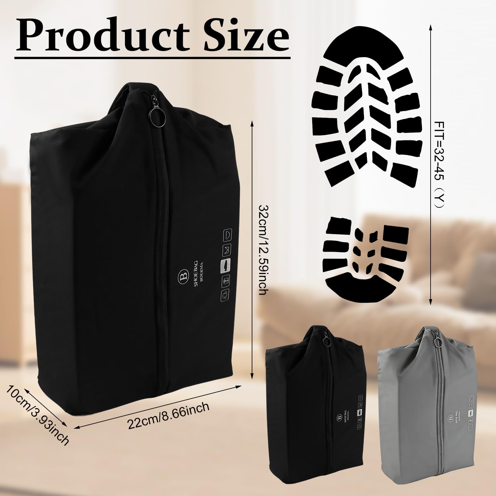 2 Stück Schuhbeutel Reise mit Tragegriff,Geruchsdicht Wasserdicht Schuhtasche mit ReißverschlussTragegriff, Schuhsack Reise Organizer,für Gym, Koffer, Schwimmen, Reise Oder Zuhause(Schwarz, Grau) - 2