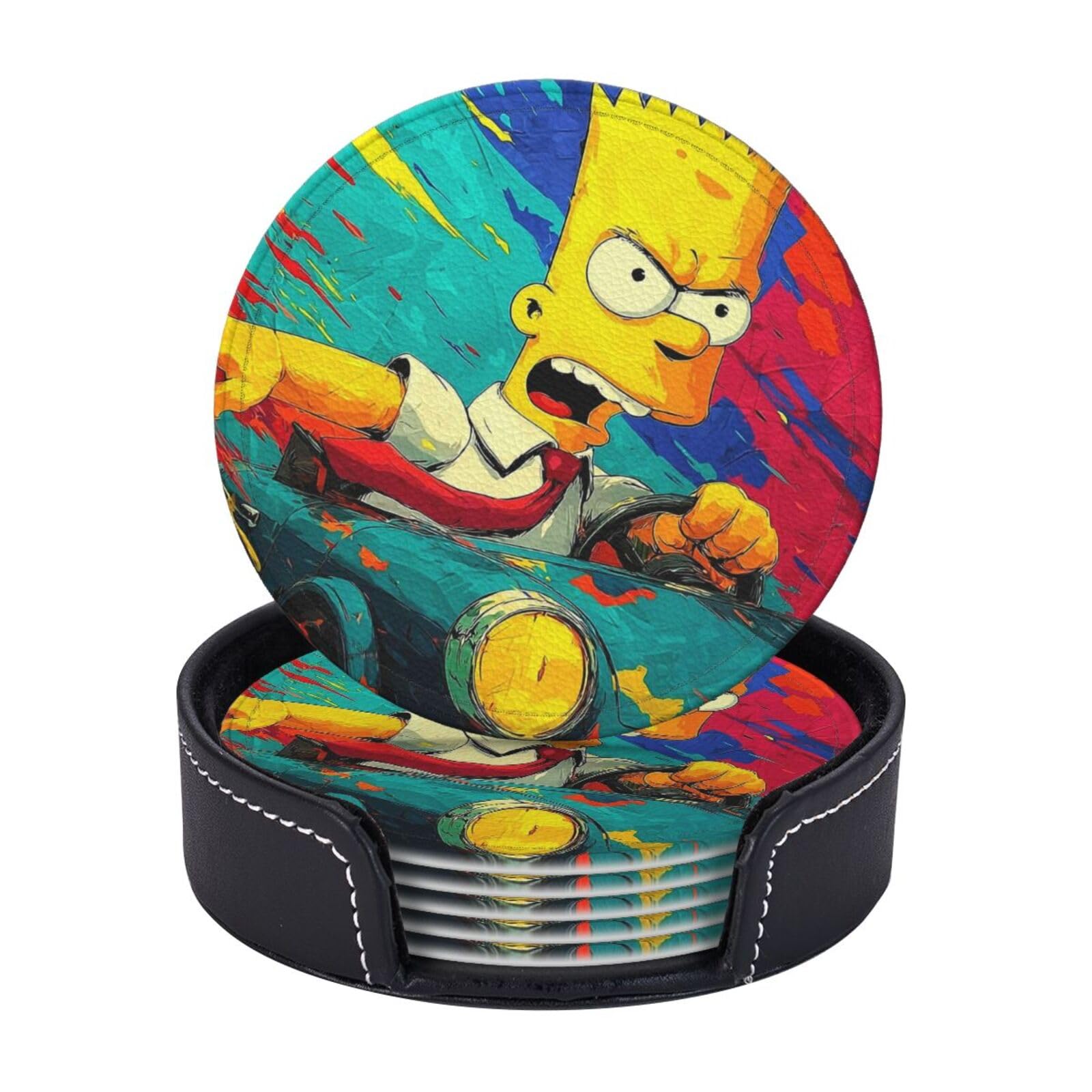 Coasters Set of 6 Leather Drink Coasters with Holder Simpsons Coasters for Drinks Heat Resistant Coaster Round Coffee Cup Mat Pad for Kitchen Office Home Decor