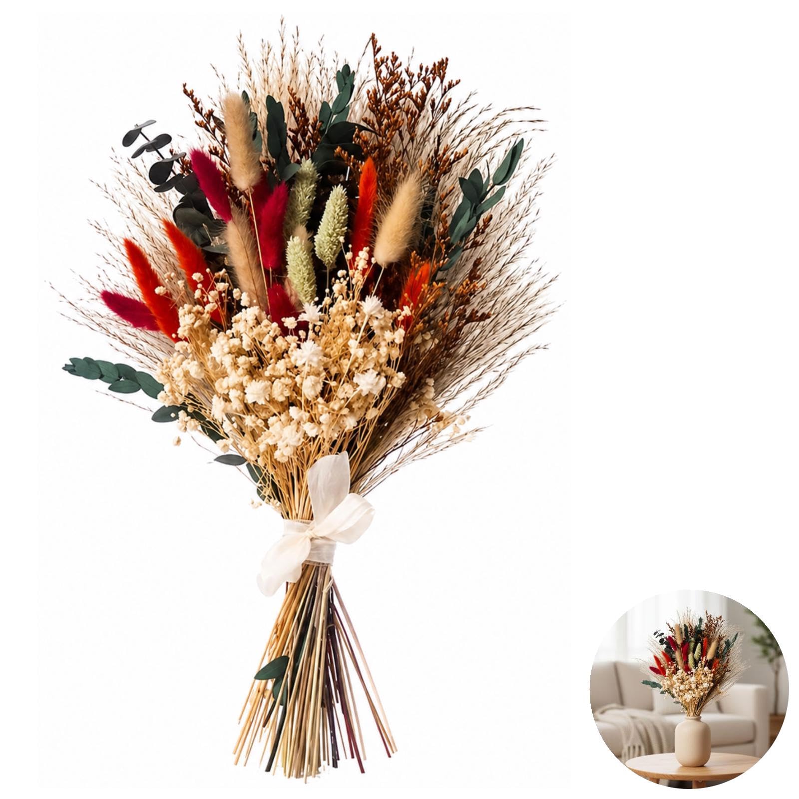 Bouquet de Fleurs séchées Naturelles, 55 tiges avec 10 Herbes variées, Composition Florale préservée Multicolore au Rendu Naturel, 43 cm de Haut, pour déco bohème, Bureau, Salon, Chambre