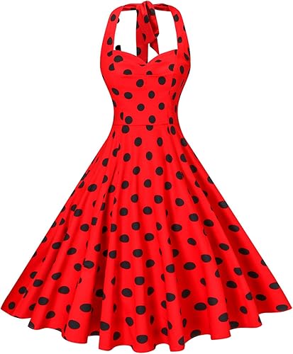 V Fashion - Vestido de Cocktail Swing con cuello Halter y escote en V a lunares de estilo Vintage Rockabilly de los años 50 para mujeres
