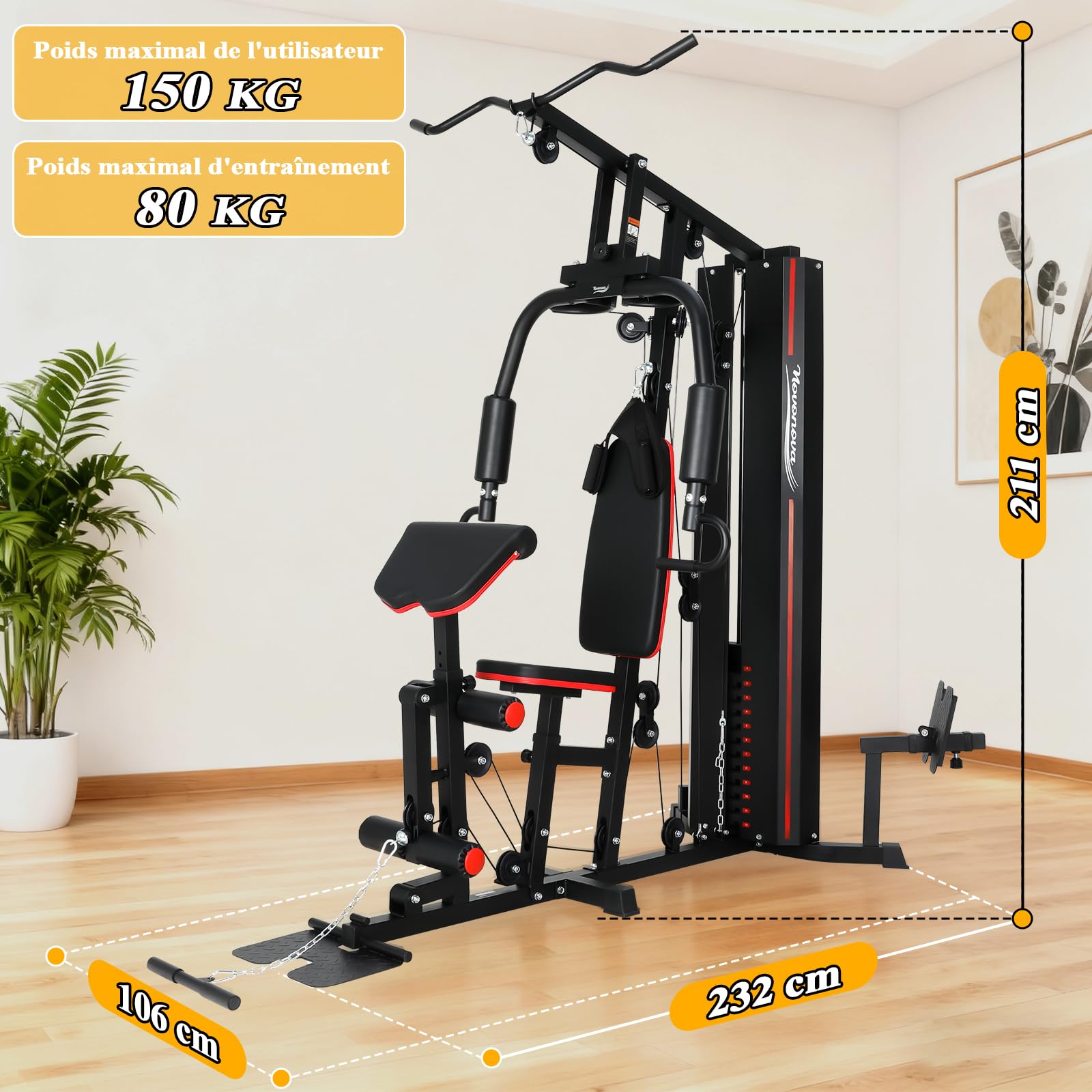 Station de Musculation Multifonction, Banc de Musculation Complet, Barre de Traction Cage Station Machine Musculation avec Poids, Fitness Domicile Home Gym Bras/Épaules/Poitrine/Dos/Jambe