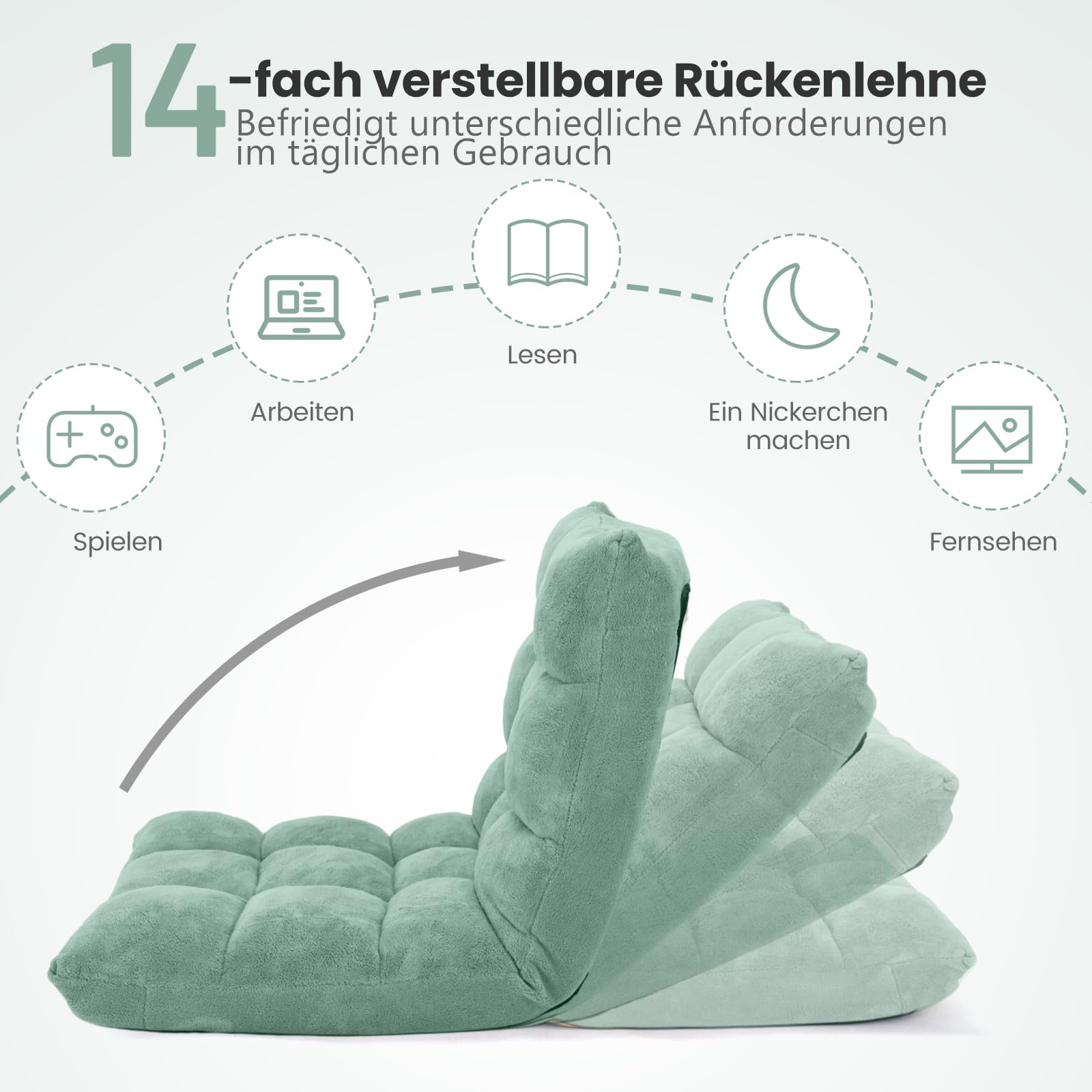 COSTWAY Bodenstuhl mit Verstellbarer Rückenlehne, Bodensessel gepolstert, Bodenkissen faltbar, Meditationsstuhl, Relaxsessel, Thaikissen für Freizeit, Meditation, Yoga (Grün)