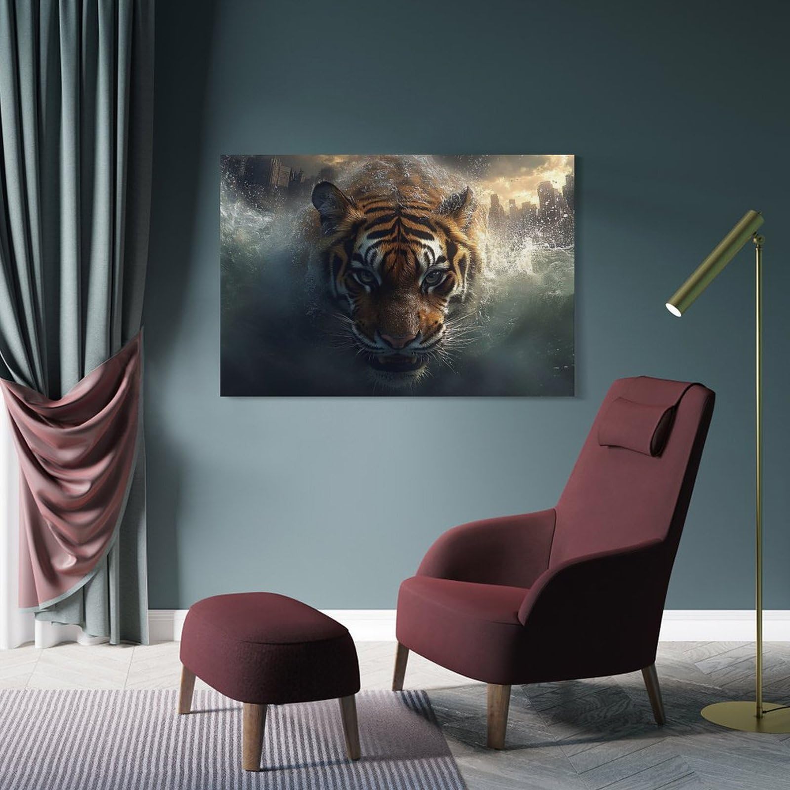Junmoney Room Decor Wall Art Tiger Swimming in Flooded Cityscape, 16x24inch(40x60cm), for Flats, Guest Rooms Or Compact Rooms, Wall Decor with Flexible Room Appeal