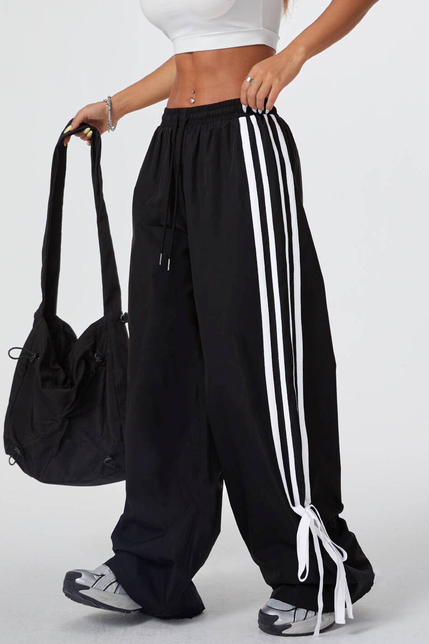 Women's Y2K Baggy Bow Wide Leg Pants Striped Track Elastic Waist Long Sweatpants Parachute Pants