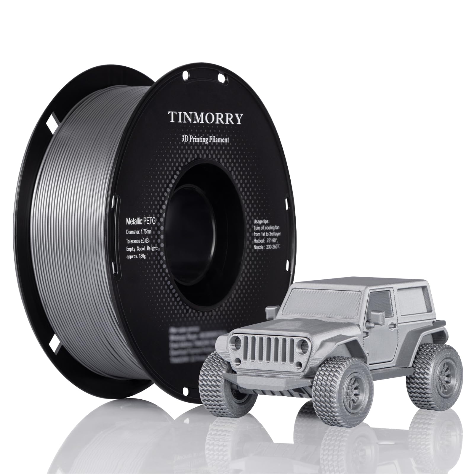 Metallic PETG Filament 1.75mm, TINMORRY Rapid PETG 3D Printing Filament, PETG with a Rapid Flow Rate, Compatible with Bambu Lab FDM 3D Printer, 1KG, Chrome/Metal Silver