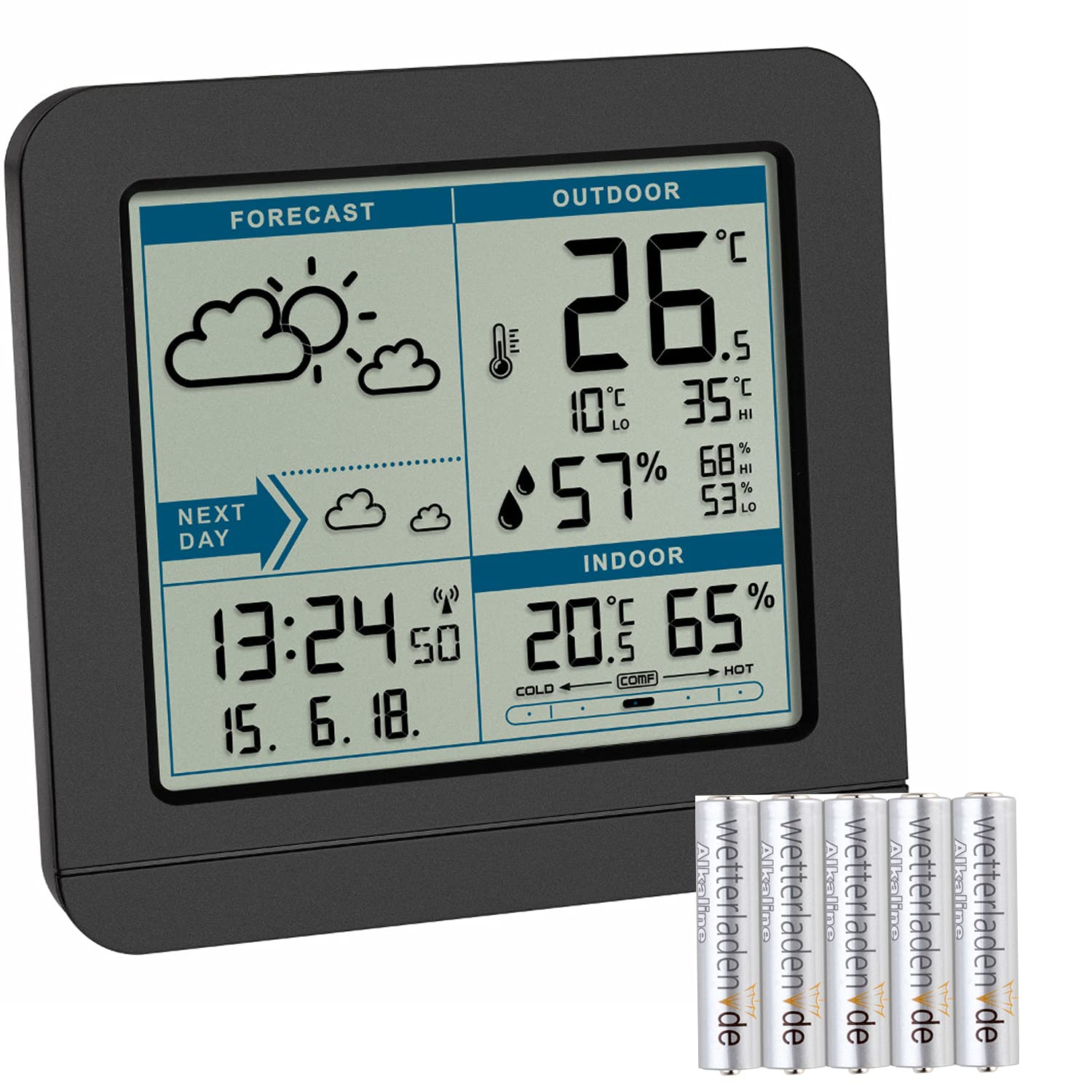 TFA Dostmann Sky 35.1152 - Estación meteorológica inalámbrica con sensor exterior, pronóstico del tiempo y reloj controlado (negro con pilas)