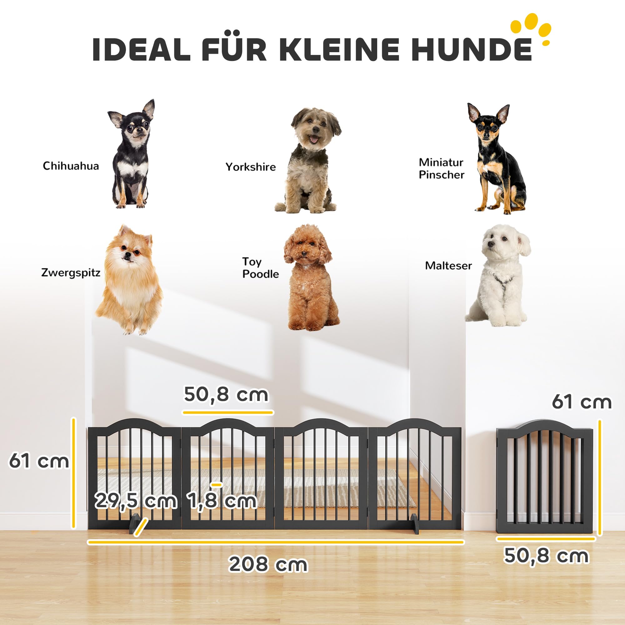 PawHut Valla Barrera Perro 4 Piezas, 208 x 61 cm Valla Plegable para Perros con Puerta, Valla Protectora de Puerta con 2 pies de Apoyo, Puerta de Escalera Independiente para Cocina, Pasillo, Negro | Rejilla para perros de 4 piezas con puerta, con 2 patas