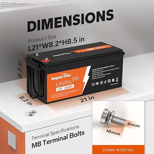 Miniatura 7 de Ampere Time - Batería de litio de ciclo profundo LiFePO4 de 12 V 200 Ah Plus BMS integrado de 200 A más de 4000 ciclos potencia de carga de 2560 W
