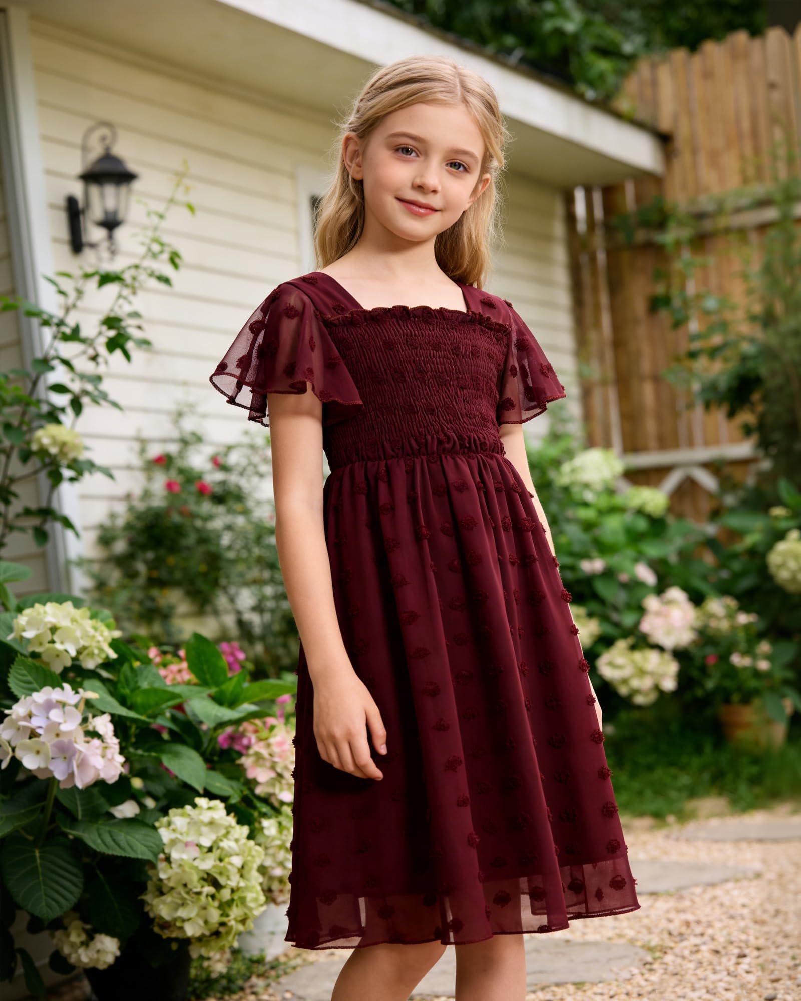 Kids4ever Vestido de gasa para niñas de 6 a 12 años con pompones sólidos y volantes de manga corta para niños con cuello cuadrado