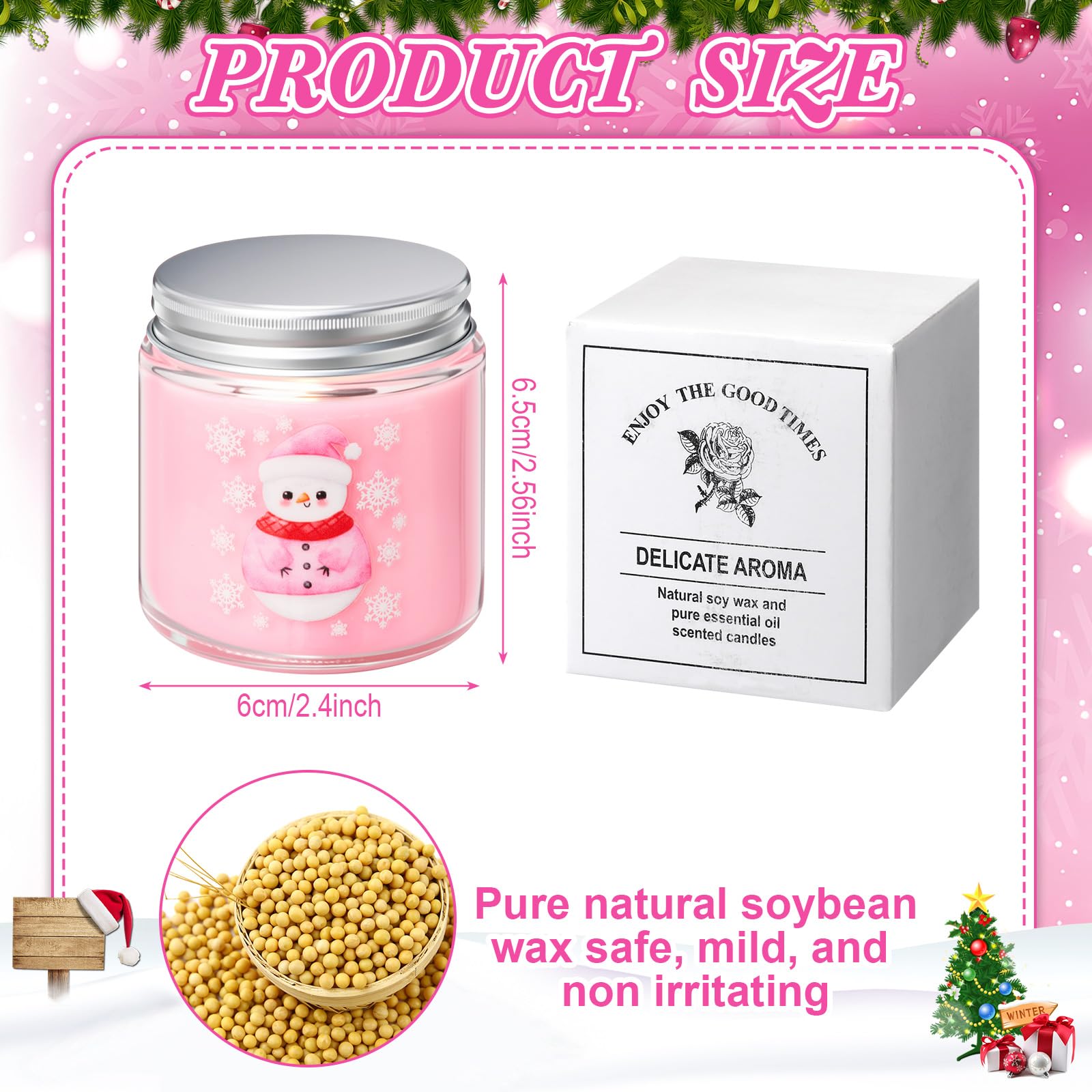 Sumind Confezione da 24 candele profumate di Natale rosa per la casa, regali di Natale per donne, 99,2 g, candele in barattolo di cera di soia naturale, includono 6 diversi profumi per Natale