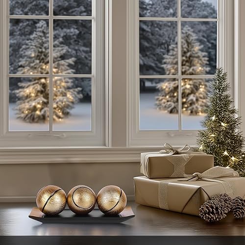 Miniatura 8 de LCCCK Juego de bandeja decorativa con bolas, soporte de TV de orbes decorativos de oro negro, centro de mesa auxiliar, elegantes bolas decorativas