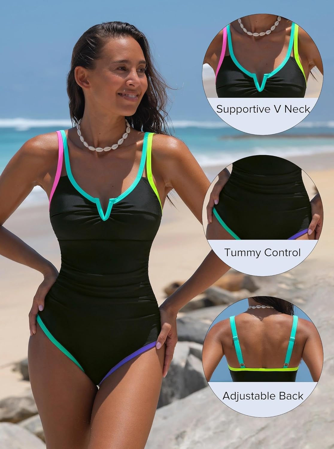 popvil One Piece Swimsuits Women 2026 Tummy Control - Modest Bathing Suit Shapewear Swimwear Retro Neon Swim Suit - Image 4