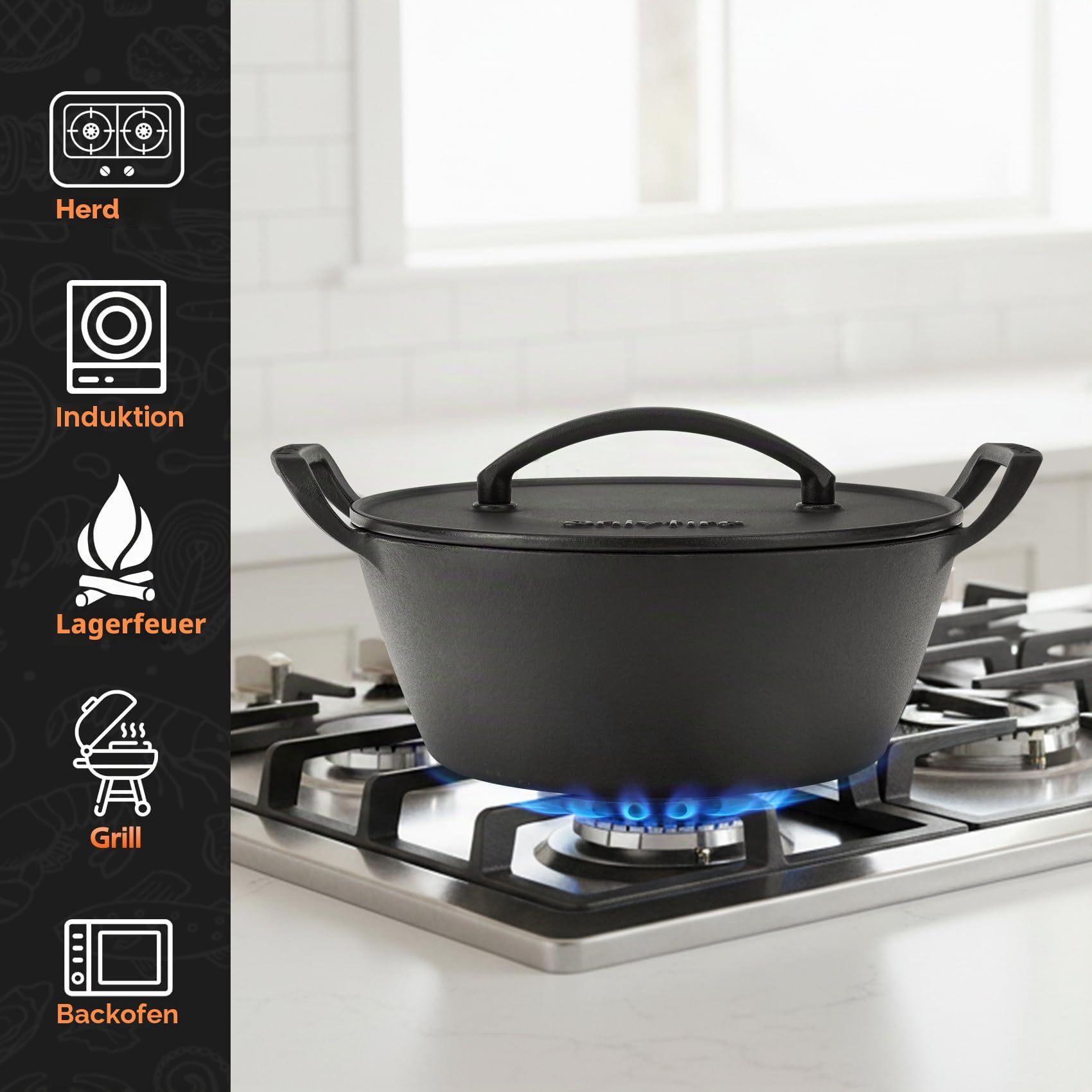 Onlyfire 25cm Gusseisen Topf Brot Backen mit Deckel | Gusseisentopf Schmortopf Dutch Oven mit 2 Griffe zum Kochen, Braten, Schmoren & Grillen