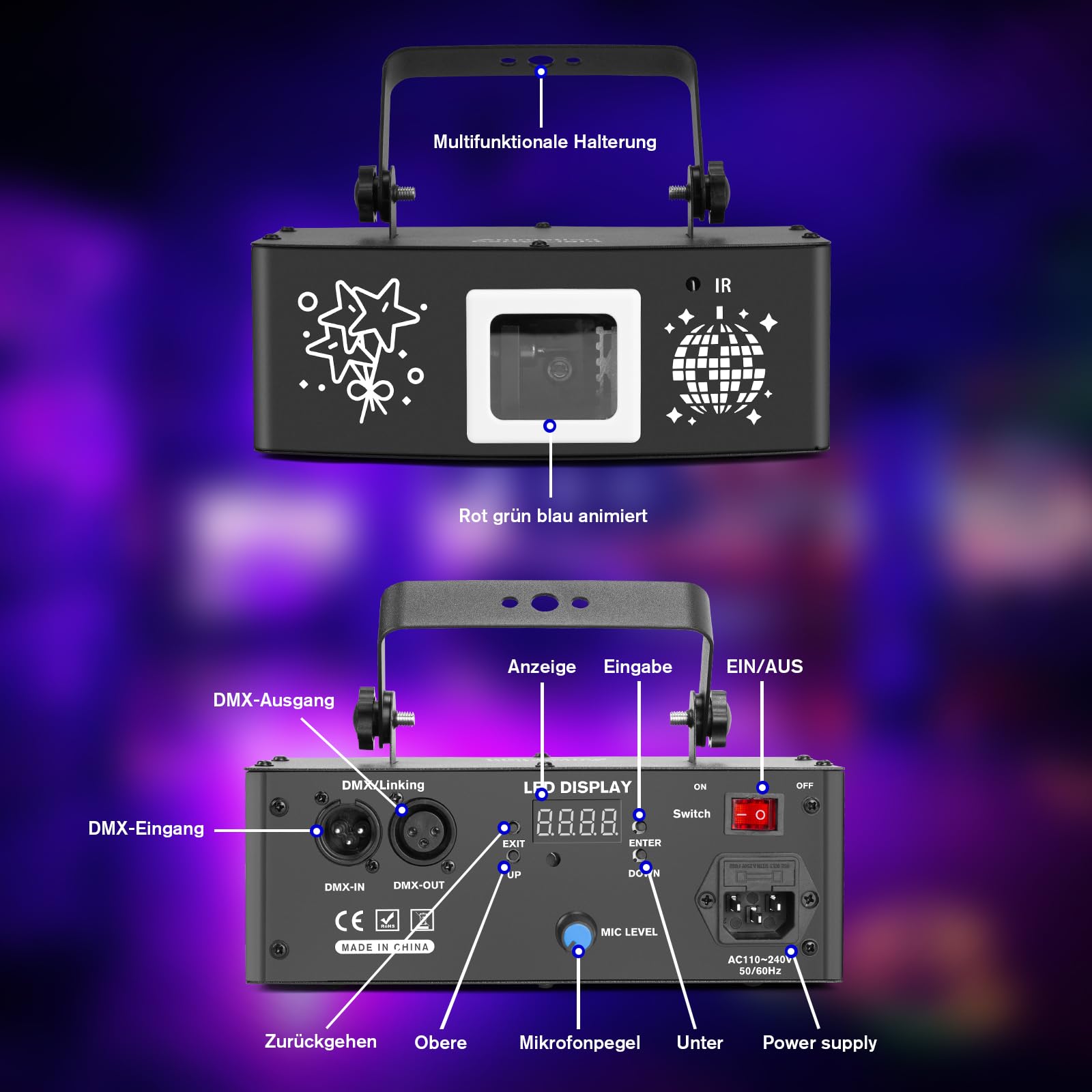 Luce da discoteca, animazione 3D RGB, DMX 512 con telecomando, musica, suono attivato, DJ, per feste, Halloween, compleanno, bar, KTV