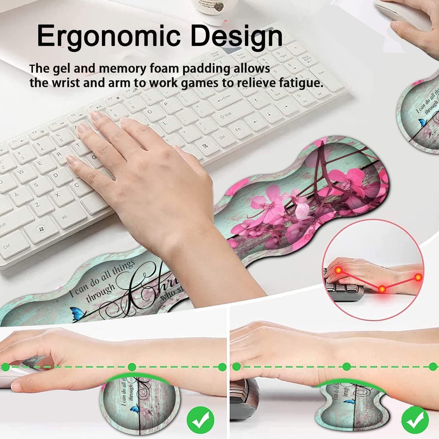 Ergonomics Keyboard Mouse Pad Set, Memory Foam Keyboard Wrist Rest Support,XXL Extended Big Wireless Gaming Mouse Mat 31.5x11.8 in Desk Pad, Philippians 4:13 & Red Flowers Large Mouse Pad