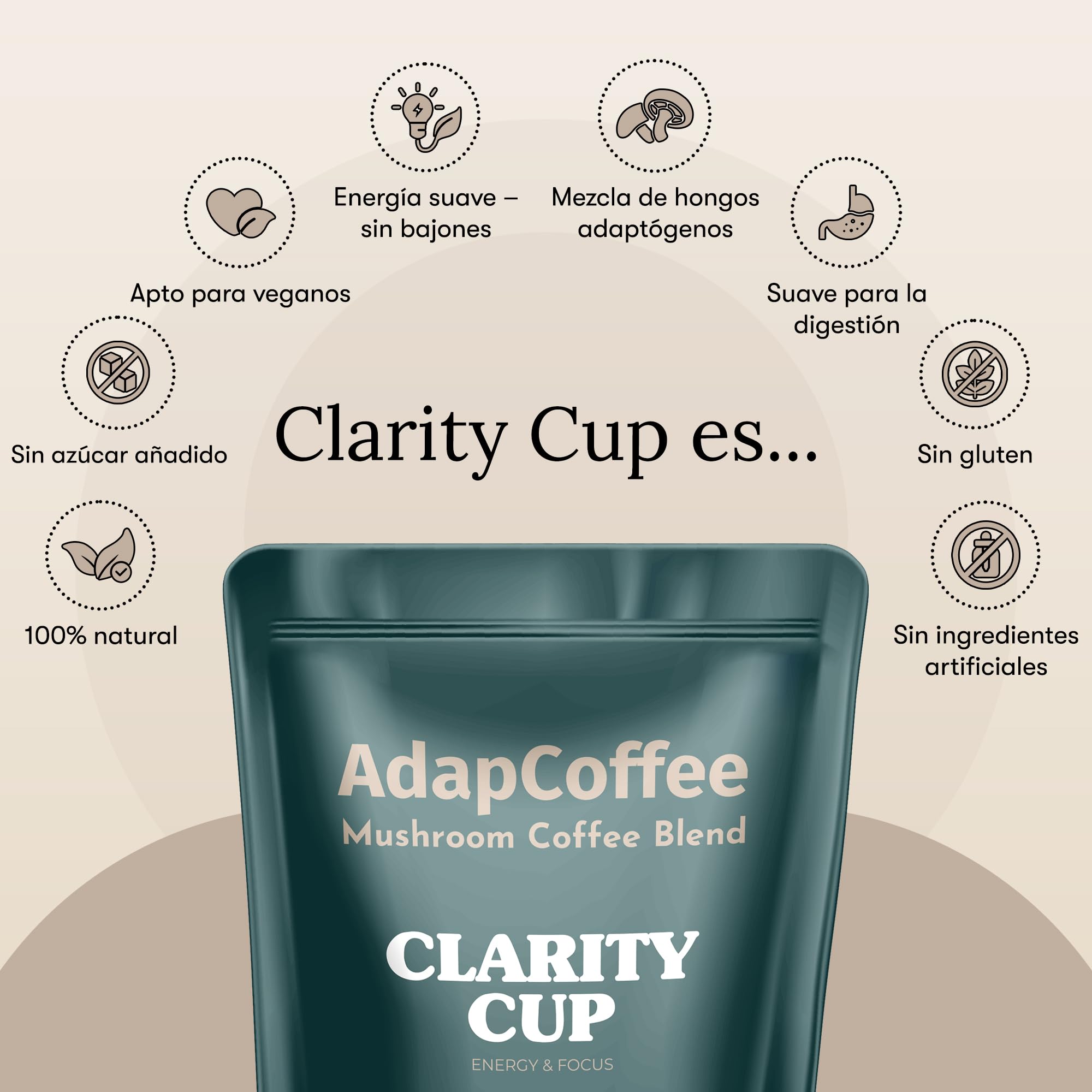 Clarity Cup – Café Instantáneo con Hongos Adaptógenos – Lion’s Mane, Reishi, Maitake – Enfoque y Vitalidad – Sabor Gourmet con Cacao Puro – 200 g – 50 Tazas
