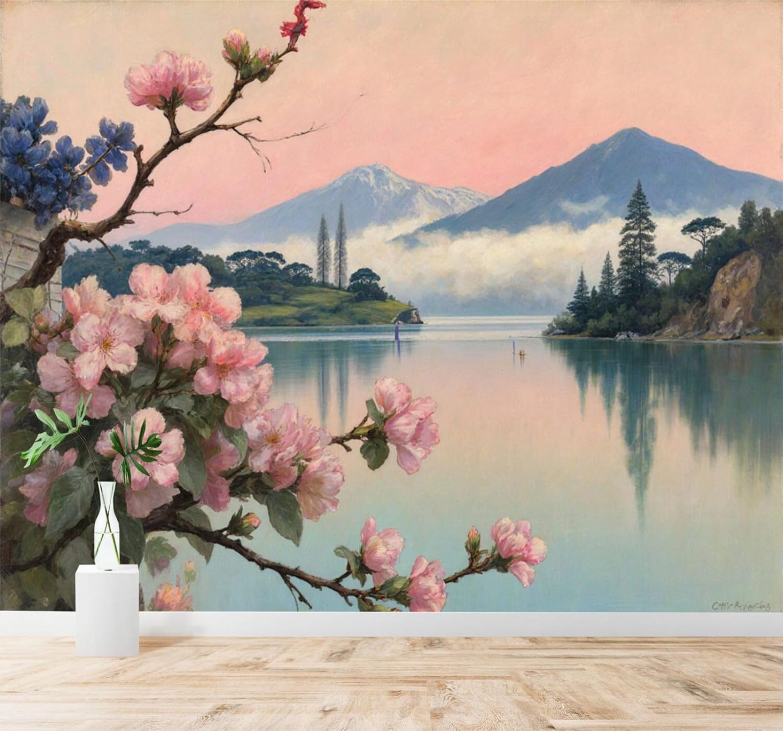 Xlming 350Cm×256Cm(B×H) Pink Cherry Blossoms Sky Mountains Calm Lake Reflection 3D Wallpaper Silky Texture Home Study Office Grey Dining Room Sofa Bedroom Living Room Tv Backdrop-350Cm×256Cm