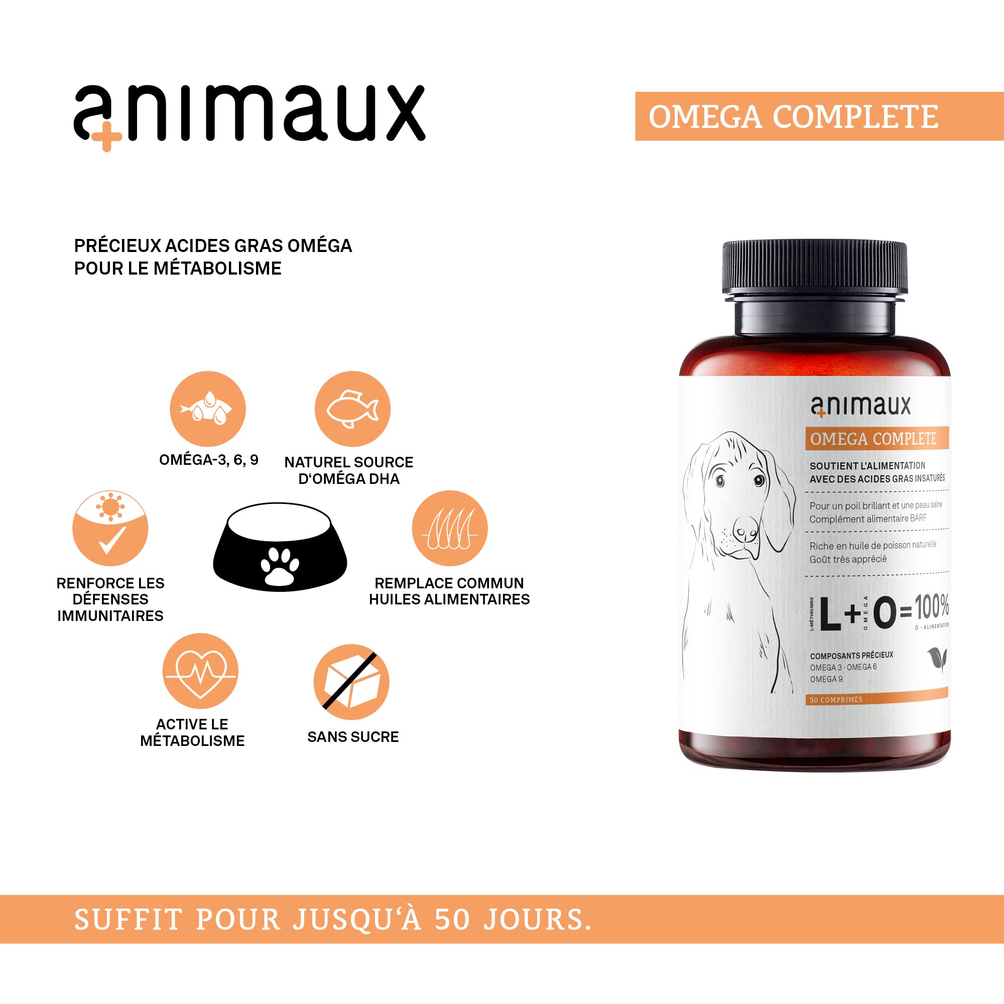Omega 3, 6 & 9 pour Chiens - 50 comprimés à mâcher - Huile de Poisson Naturelle avec acides Gras pour Le métabolisme, la Formation des os, la Peau et Le Pelage - animaux Omega Complete Dogs