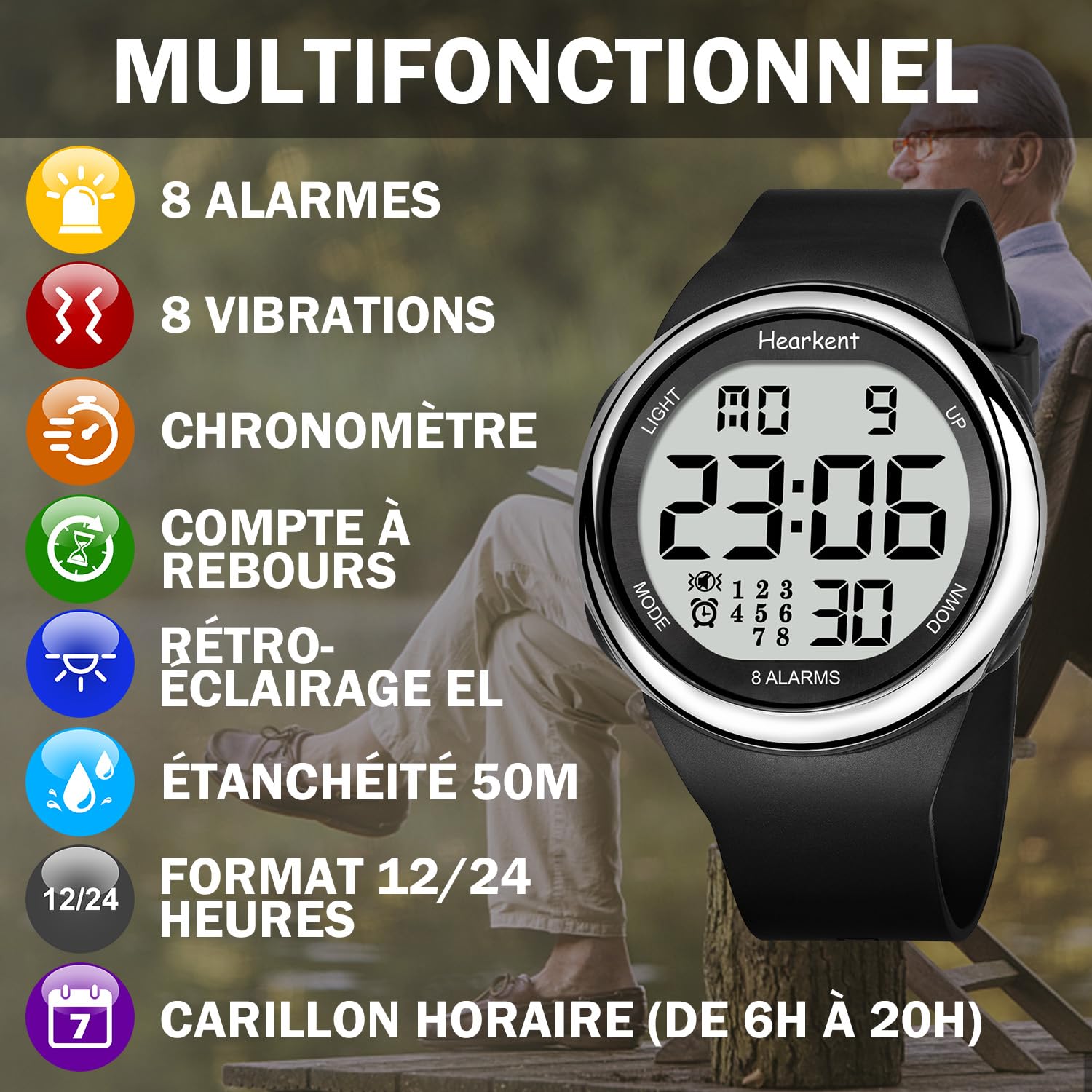 Hearkent 8 Alarmes Vibrantes Montre Rappel, Gros Chiffres | Montre Alarme Vibrante pour Rappels Médicaments, Travail, Sport, Sommei, 50M Étanche, EL Rétroéclairage, 12/24 Heures Format