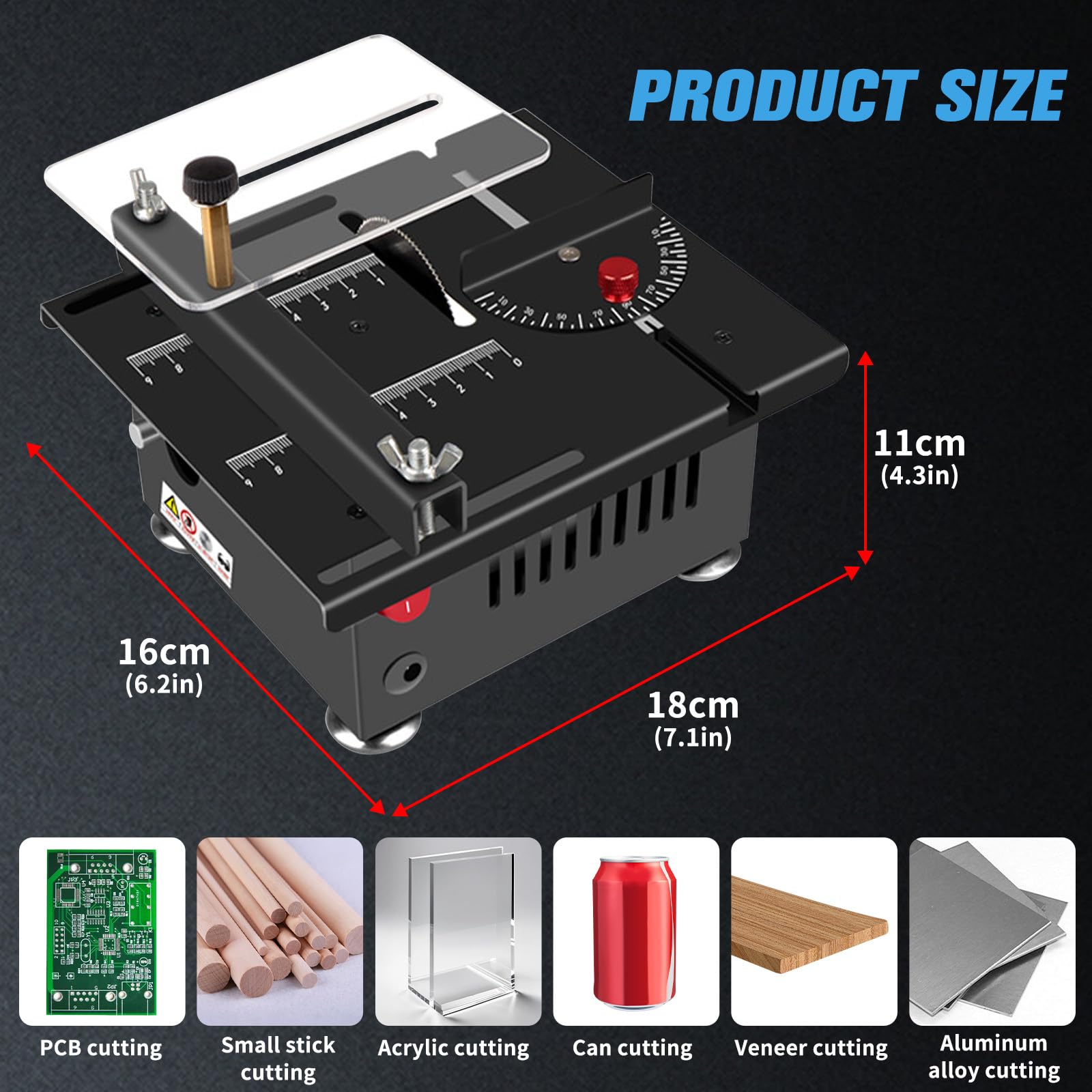 Mini sierra de mesa multifuncional, sierra eléctrica de escritorio de 100 W, ángulo ajustable de 0°-90°, profundidad de corte de 16 mm, fuente de alimentación ajustable de siete velocidades, adecuada