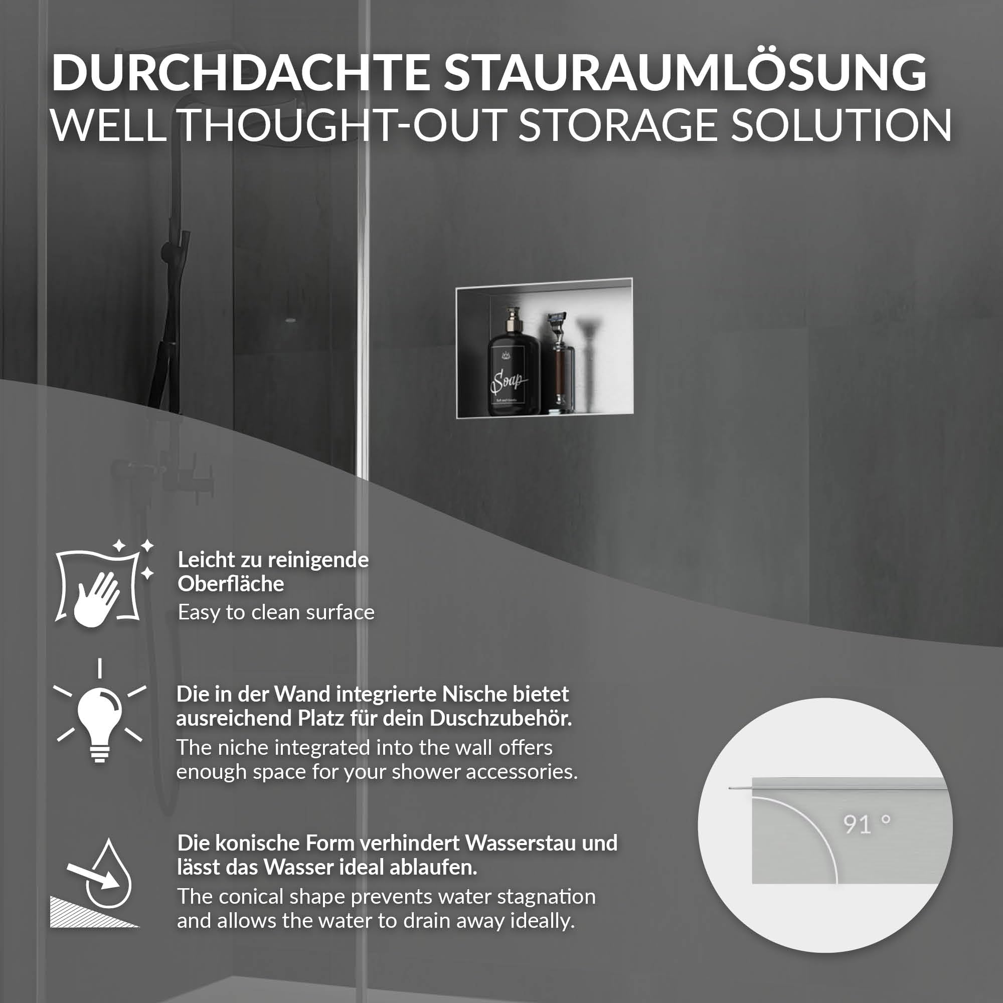 LuxeBath Nicho de Ducha de Acero Inoxidable 20x30x10cm cm Plata Marco de Pared sin Borde Empotrado Estante Integrado Instalación Flexible para Almacenamiento Organizador de Utensilios para Baño