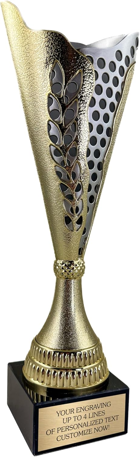 Large Custom Trophy Cup 14” Tall - Customized Engraved Gold & Silver Award for Soccer, Golf, Basketball, Baseball, Pickleball, Cornhole, MVP or First Place - Football Trophy with Personalized Plate