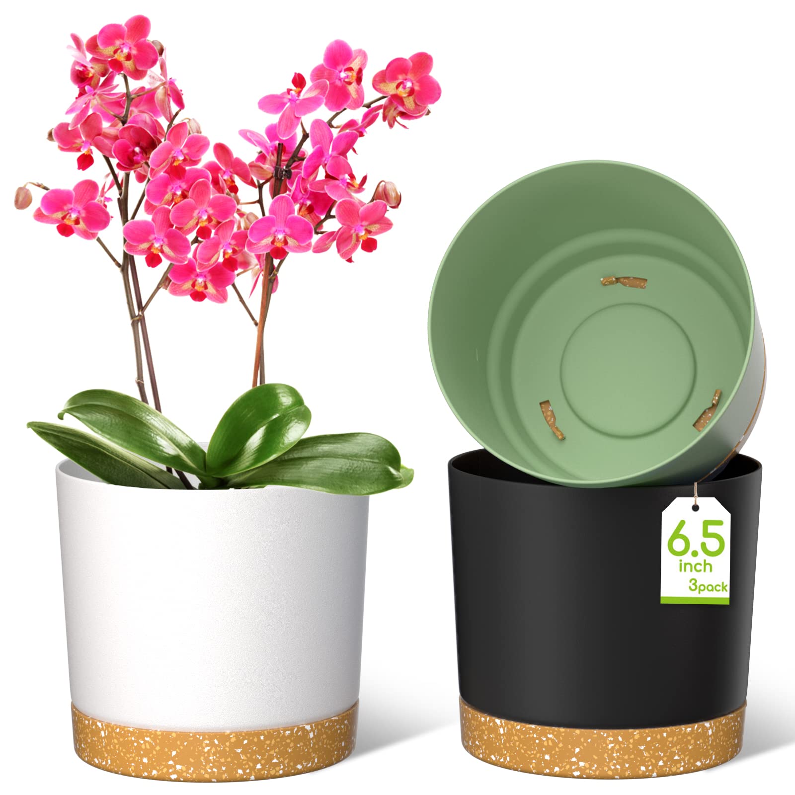 ZMTECH Plant Pots, Set of 3 6.5'' Self Watering Plastic Planter with Drainage Hole and Saucer, Modern Decorative Flower Pot for Indoor Outdoor House Plants, Succulents, Flowers - White/Green/Gray