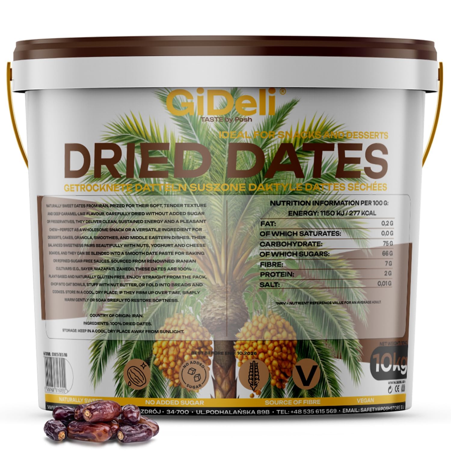 GiDeli Datteln 10 kg - True Dates im Eimer - natürliche Süße, ohne Zuckerzusatz, weich & aromatisch – ideal als Snack, zum Backen und für Müsli - mit Geschmack