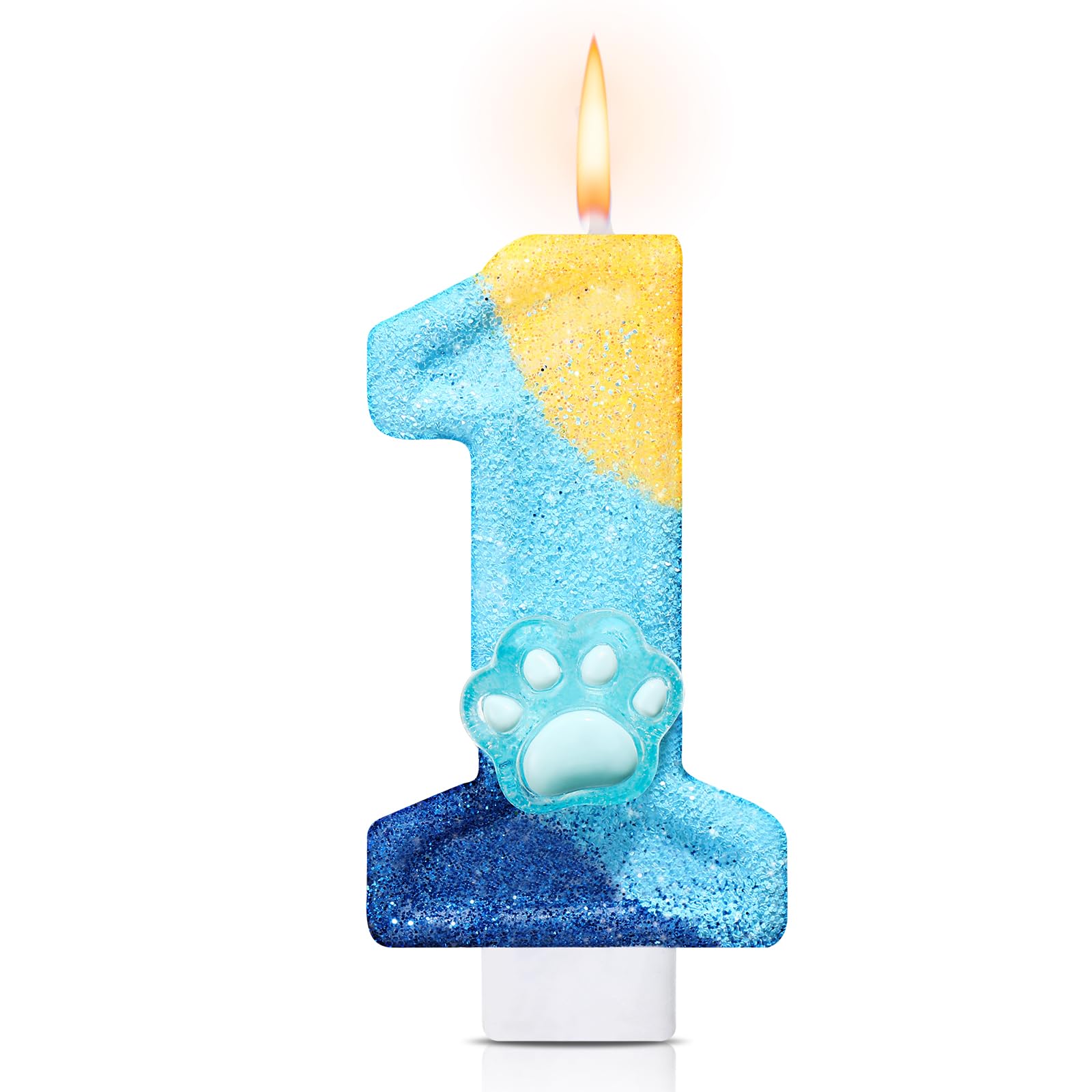 Conelist Blue Dog Paw 1 Candle for First Birthday Blue Number 1 Candle Dog Paw One Glitter Cake Topper for 1st Party Supplies Anniversary Decorations