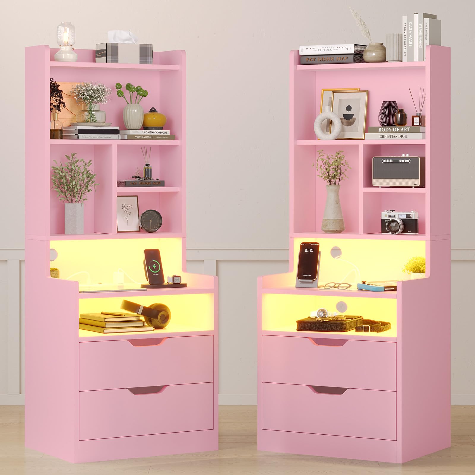 ADORNEVE Charging Nightstand Set of 2 with LED Lights,Tall Night Stand with Bookshelf,Bedside Table with Drawers,Pink Side Tables Bedroom